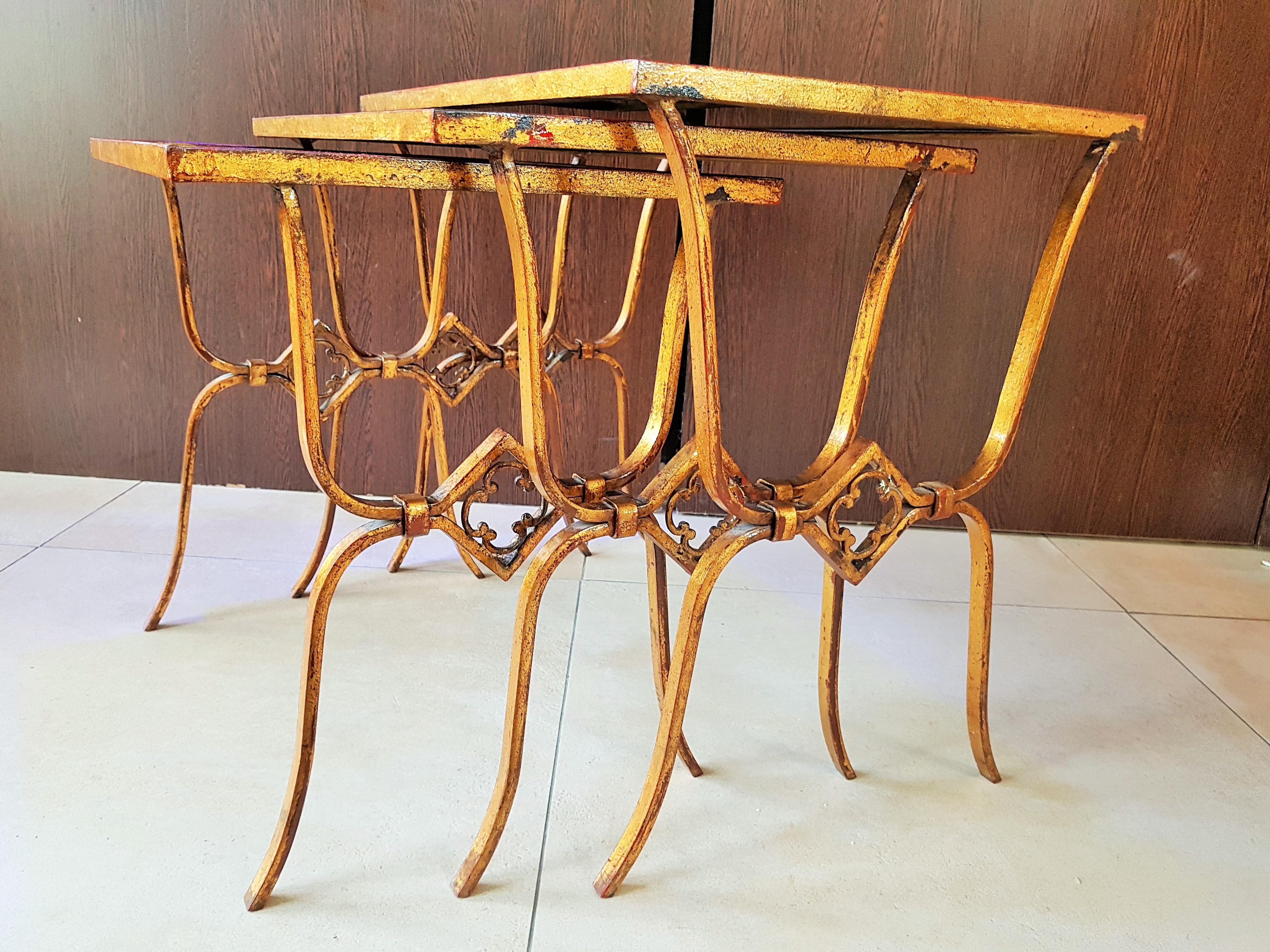 Art Deco Nesting Side Tables Gold Leaf, France, 1940s 12