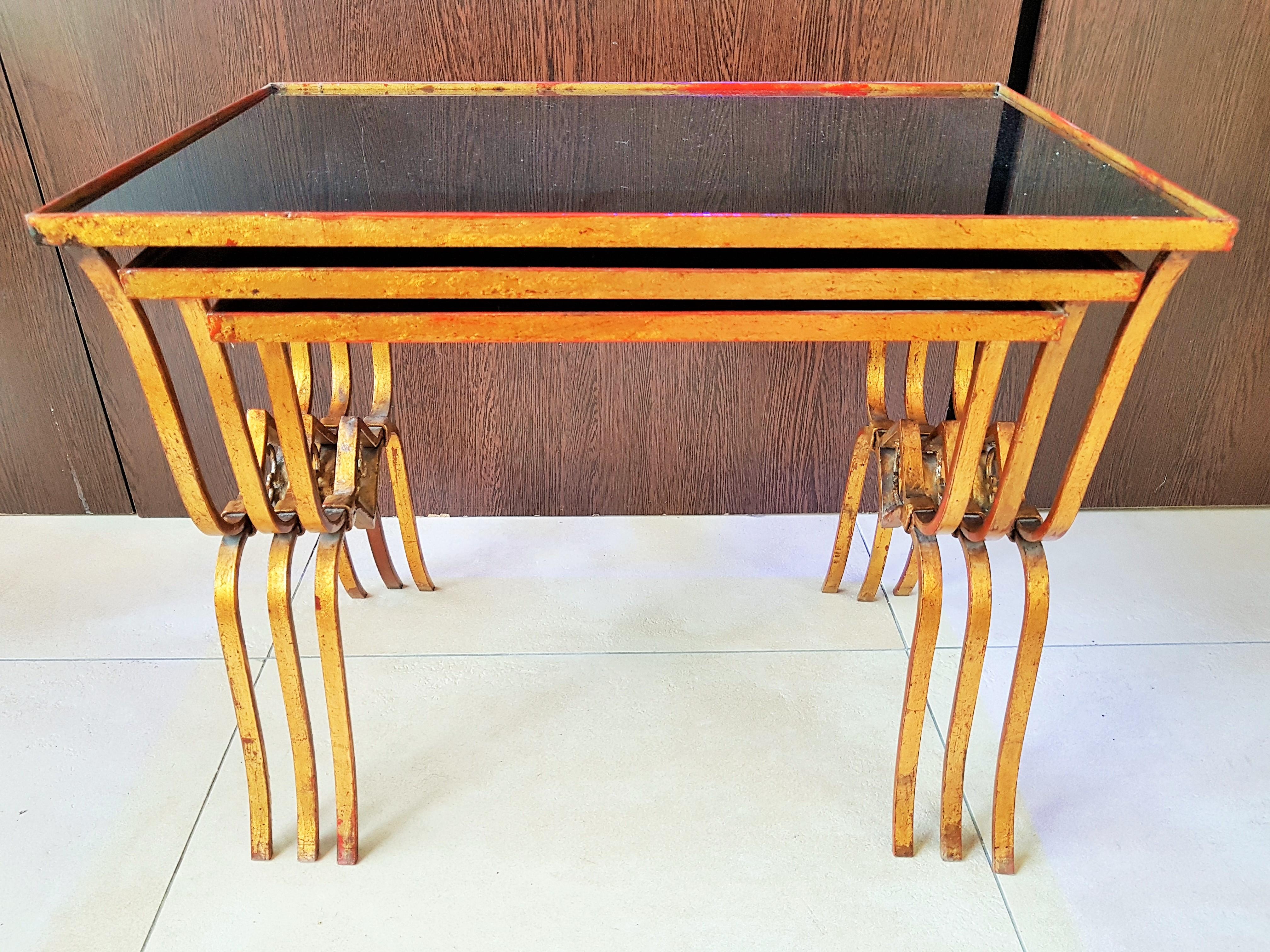 Art Deco Nesting Side Tables Gold Leaf, France, 1940s 2