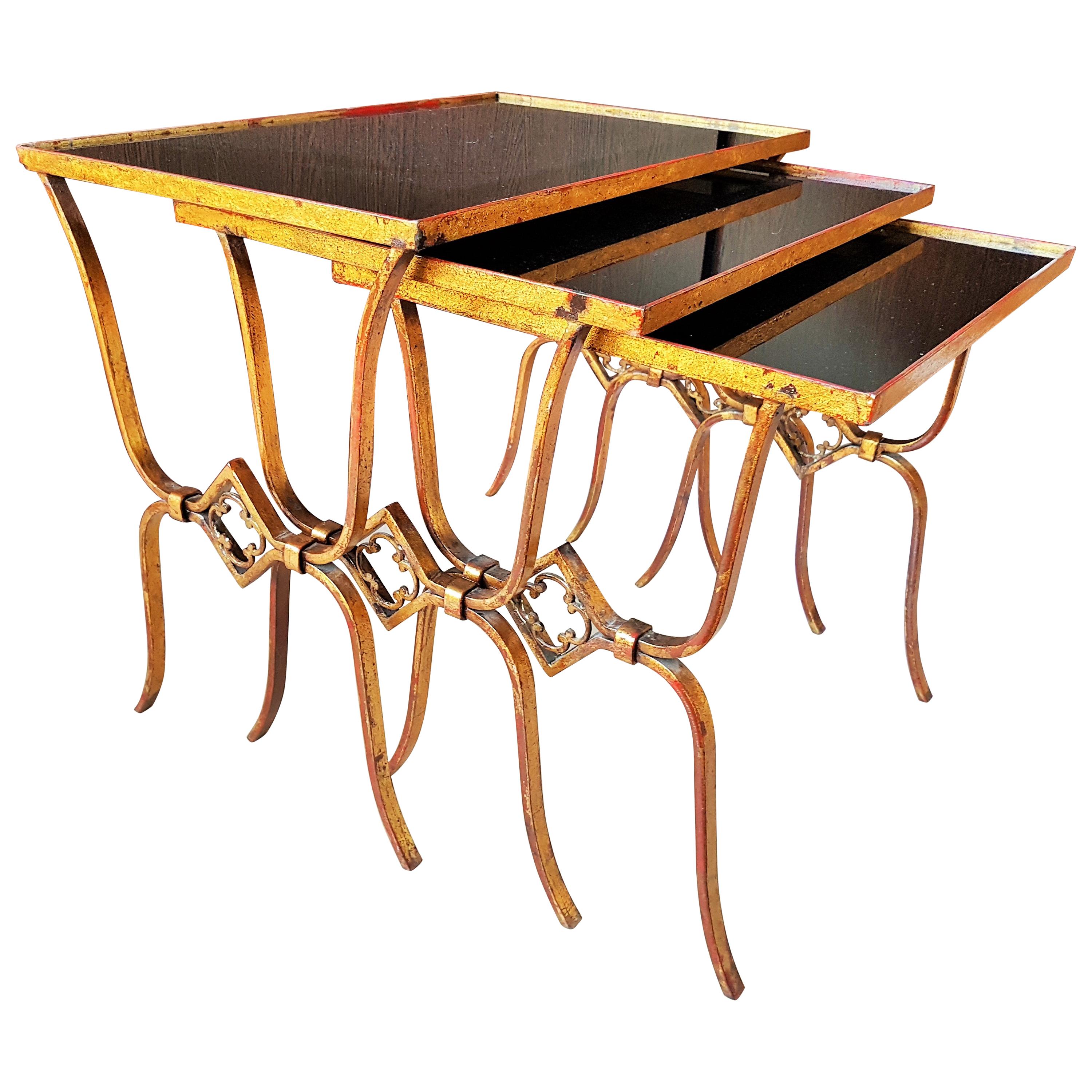 Art Deco Nesting Side Tables Gold Leaf, France, 1940s