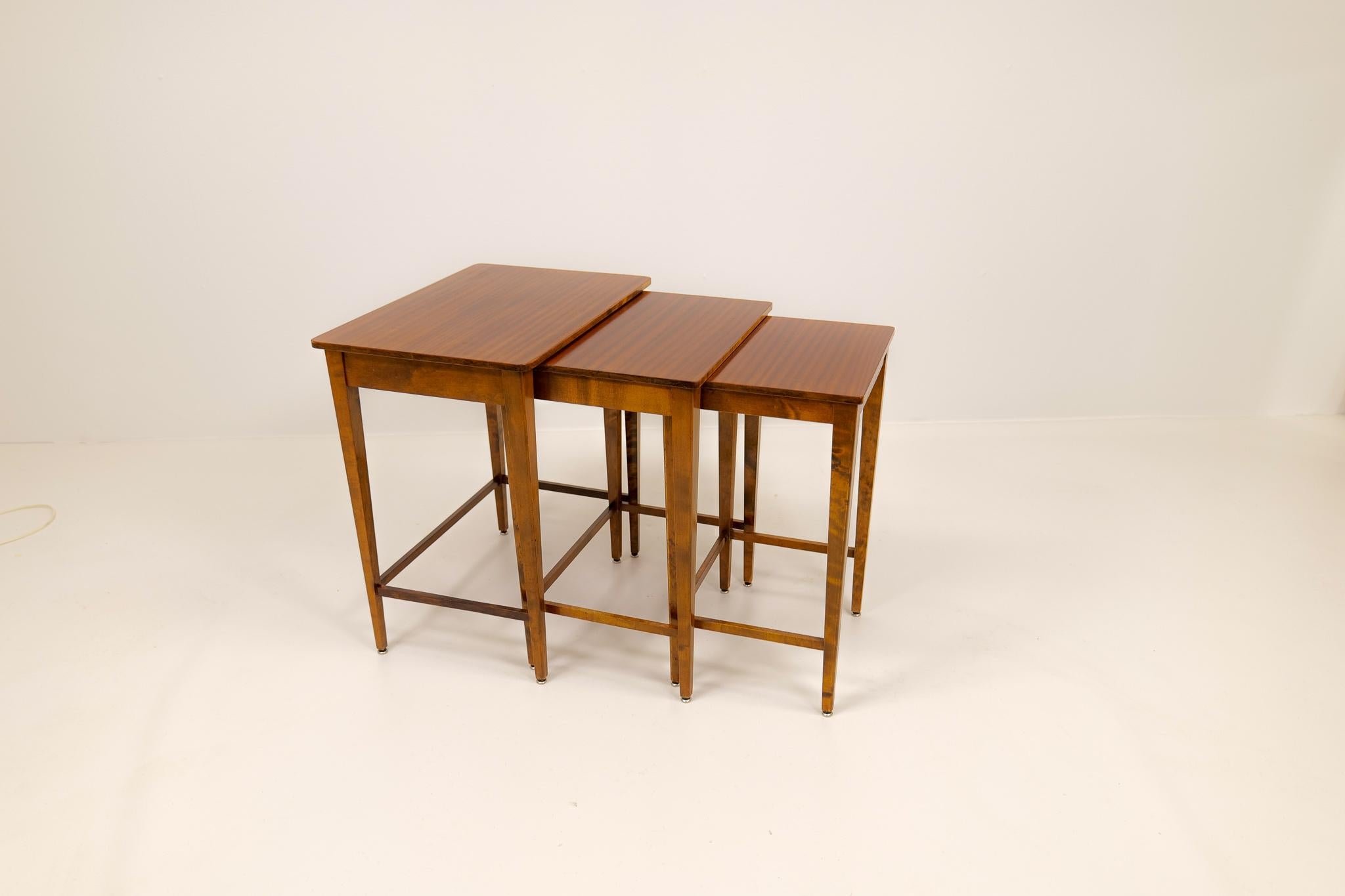 Mid-20th Century Art Deco Nesting Tables Mahogany and Stained Birch, NK Sweden, 1940s For Sale