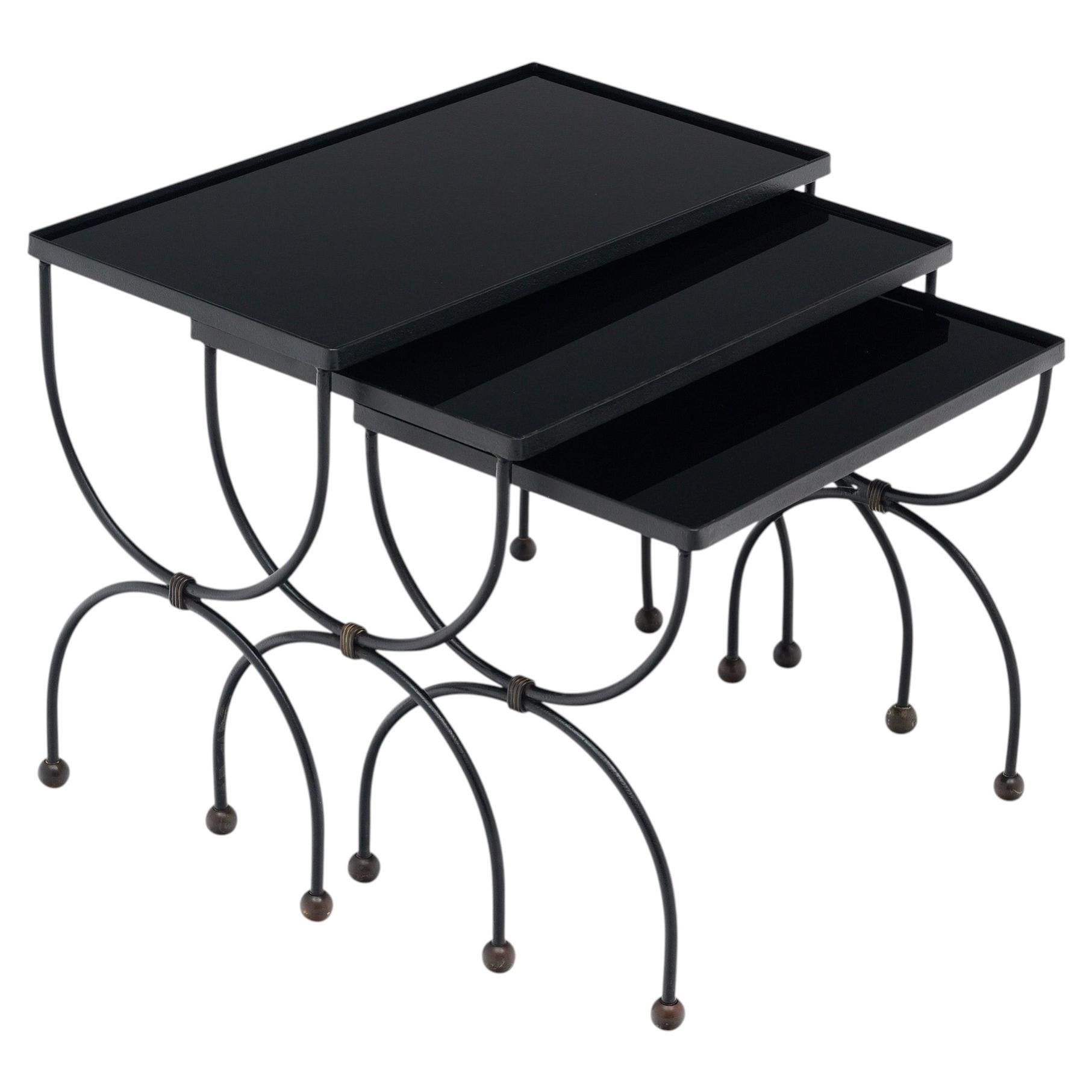 Art Deco Nesting Tables Set, Black Metal & Glass, France, 1930s Design