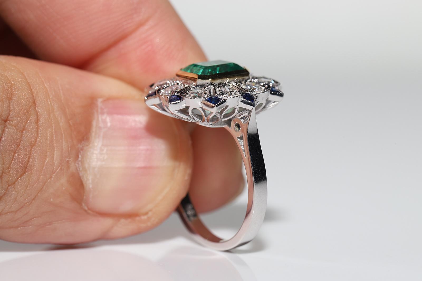 Art Deco New Made 18k Gold Natural Diamond And Emerald Sapphire Ring For Sale 7