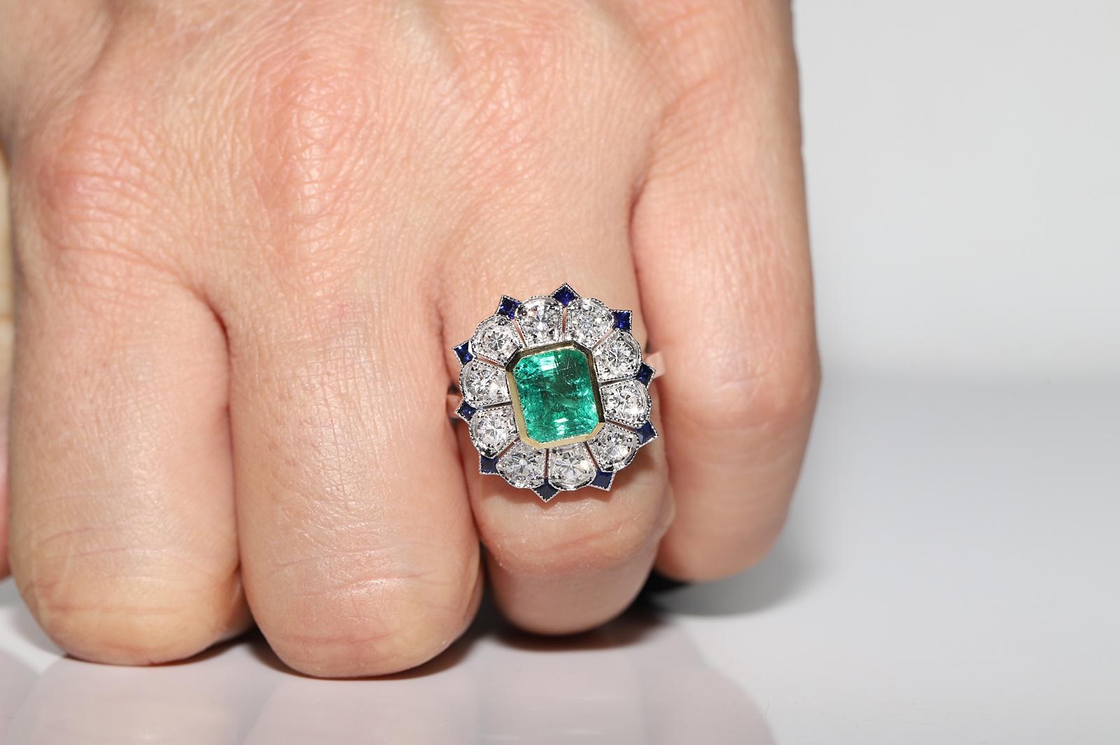 Art Deco New Made 18k Gold Natural Diamond And Emerald Sapphire Ring For Sale 9