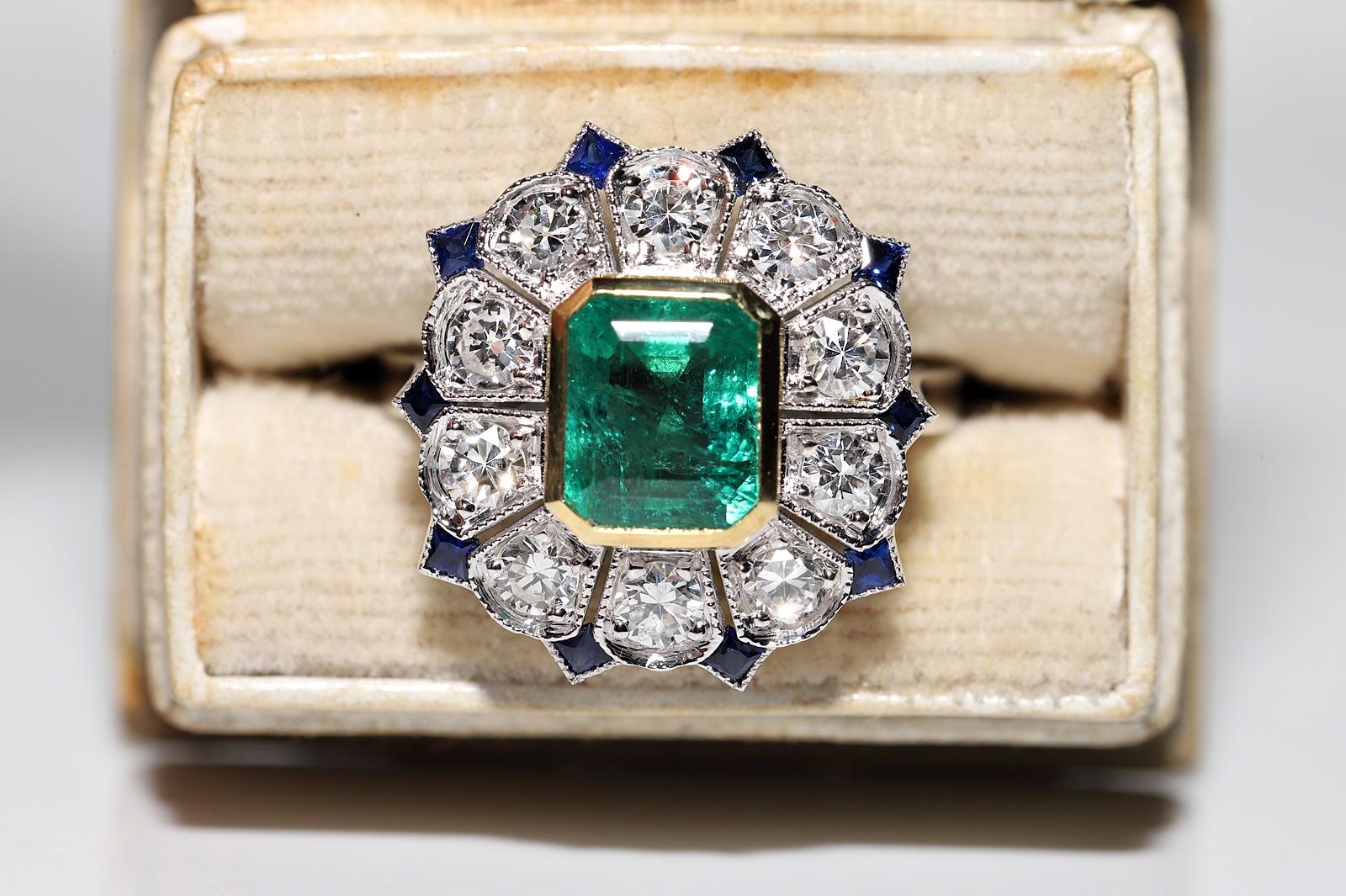 In very good condition.
Total weight is 7.2 grams.
Totally is diamond 1.07 ct.
The diamond is has F-G-H color and vvs-vs-s1 clarity.
Totally is emerald 2.41 ct.
Totally is sapphire 0.40 ct.
Ring size is US 6.5  (We offer free resizing)
We can make