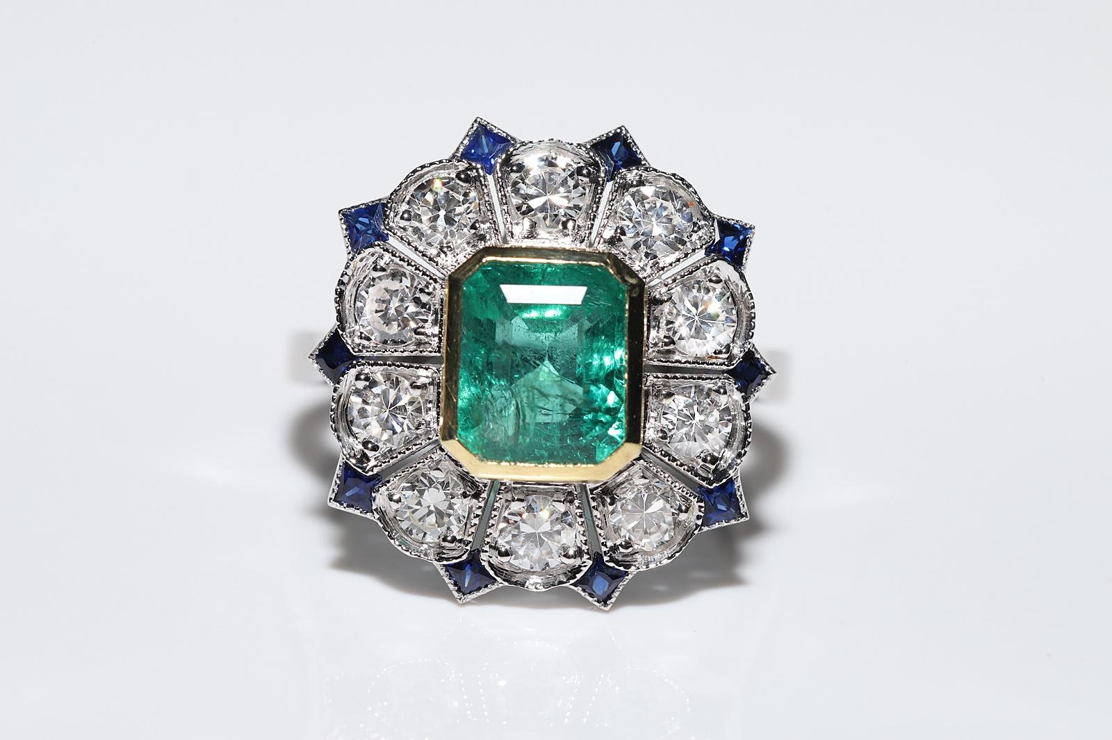 Single Cut Art Deco New Made 18k Gold Natural Diamond And Emerald Sapphire Ring For Sale