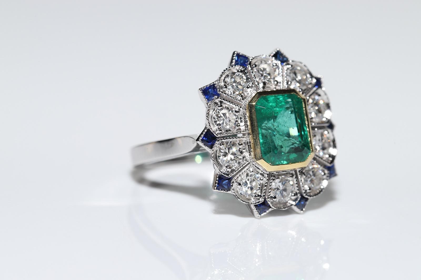 Women's Art Deco New Made 18k Gold Natural Diamond And Emerald Sapphire Ring For Sale
