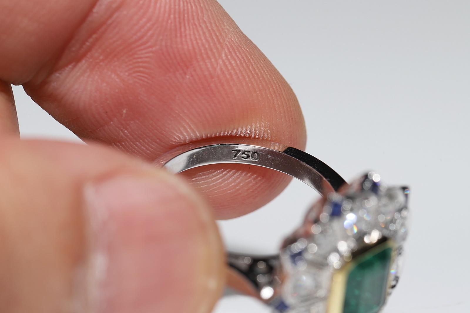 Art Deco New Made 18k Gold Natural Diamond And Emerald Sapphire Ring For Sale 3