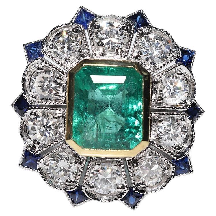 Art Deco New Made 18k Gold Natural Diamond And Emerald Sapphire Ring For Sale