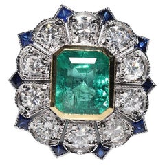 Art Deco New Made 18k Gold Natural Diamond And Emerald Sapphire Ring