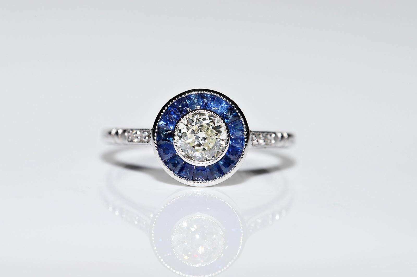 Art Deco New Made 18k Gold Natural Old Cut Diamond And Caliber Sapphire Ring  For Sale 1