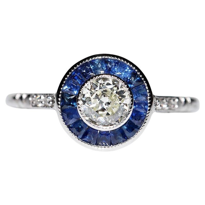 Art Deco New Made 18k Gold Natural Old Cut Diamond And Caliber Sapphire Ring  For Sale