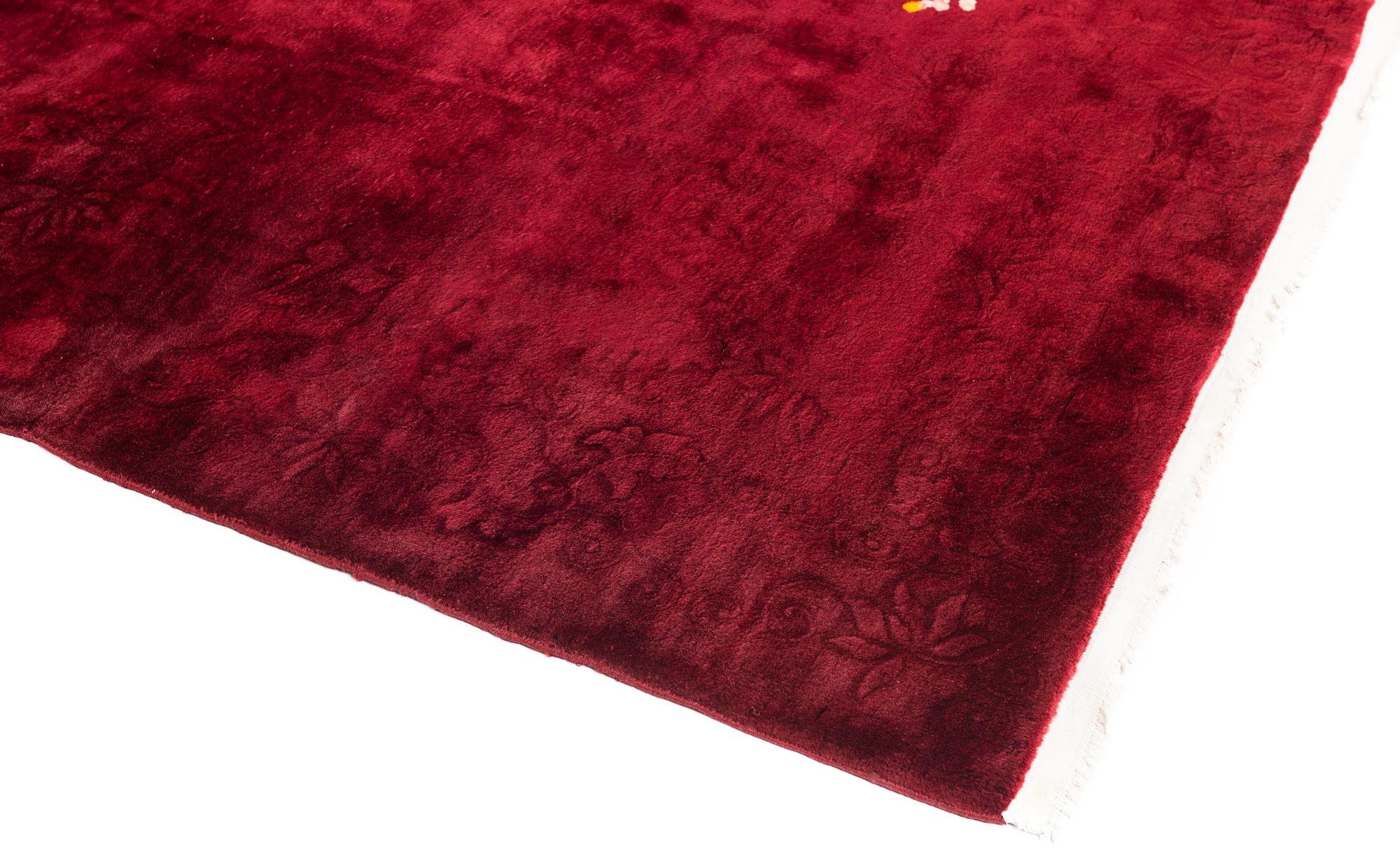 Art Deco Nichols Chinese Rug in Burgundy with Floral Accents in Jewel Tones In Good Condition For Sale In Evanston, IL