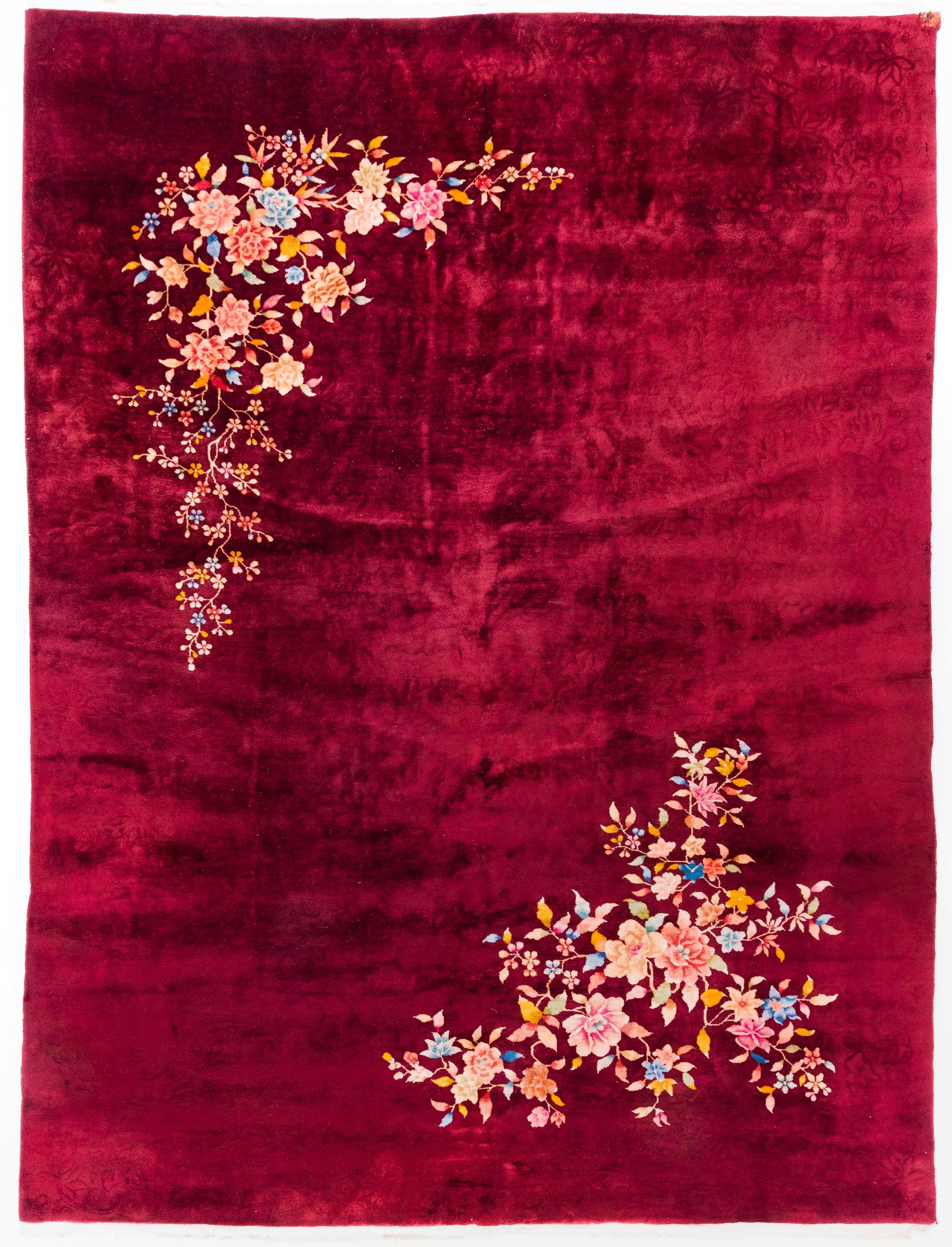 20th Century Art Deco Nichols Chinese Rug in Burgundy with Floral Accents in Jewel Tones For Sale