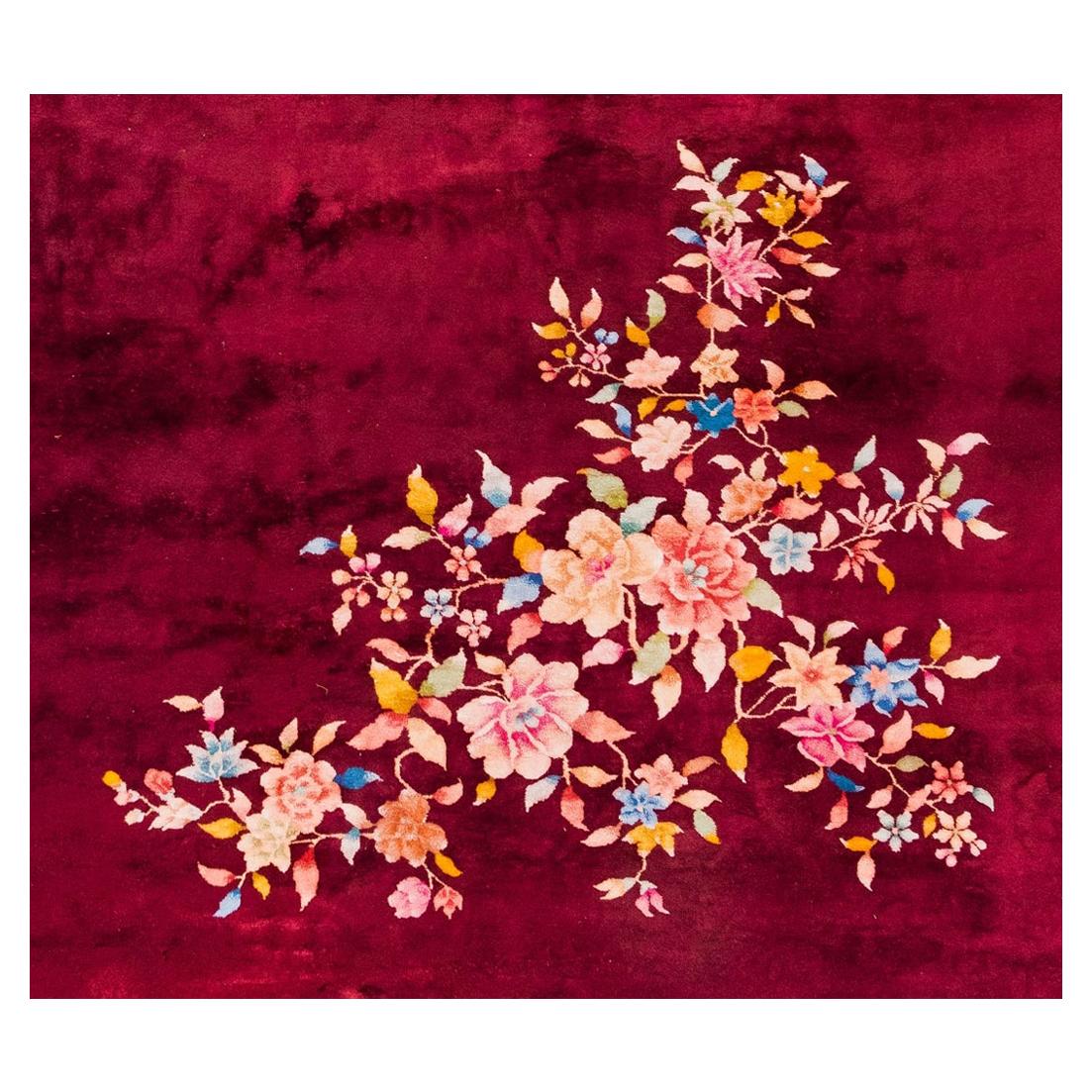 Art Deco Nichols Chinese Rug in Burgundy with Floral Accents in Jewel Tones For Sale