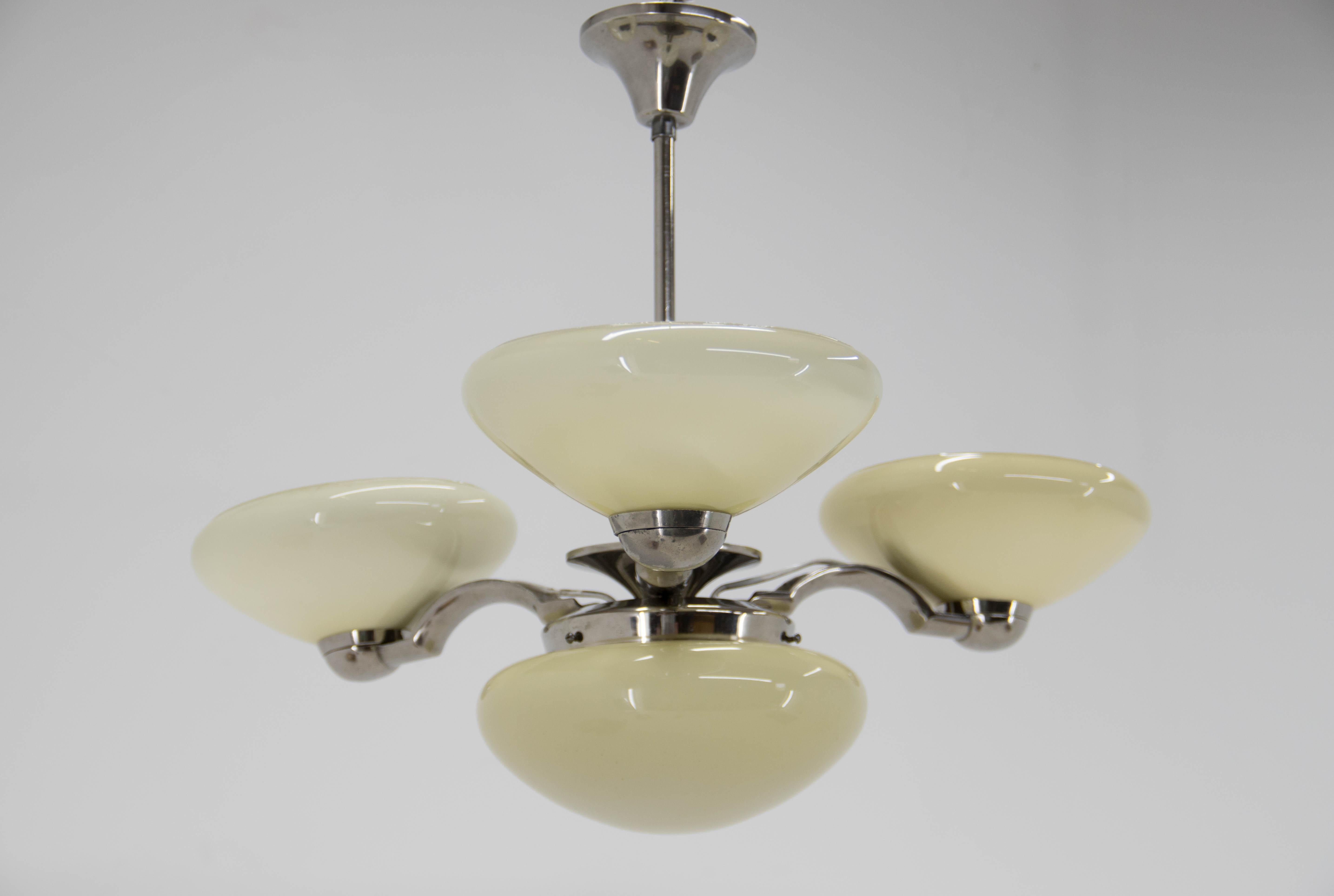 Art Deco Nickel and Glass Chandelier, 1930s In Good Condition In Praha, CZ