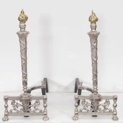 Art Deco Nickel Andirons with Brass Flame Finial