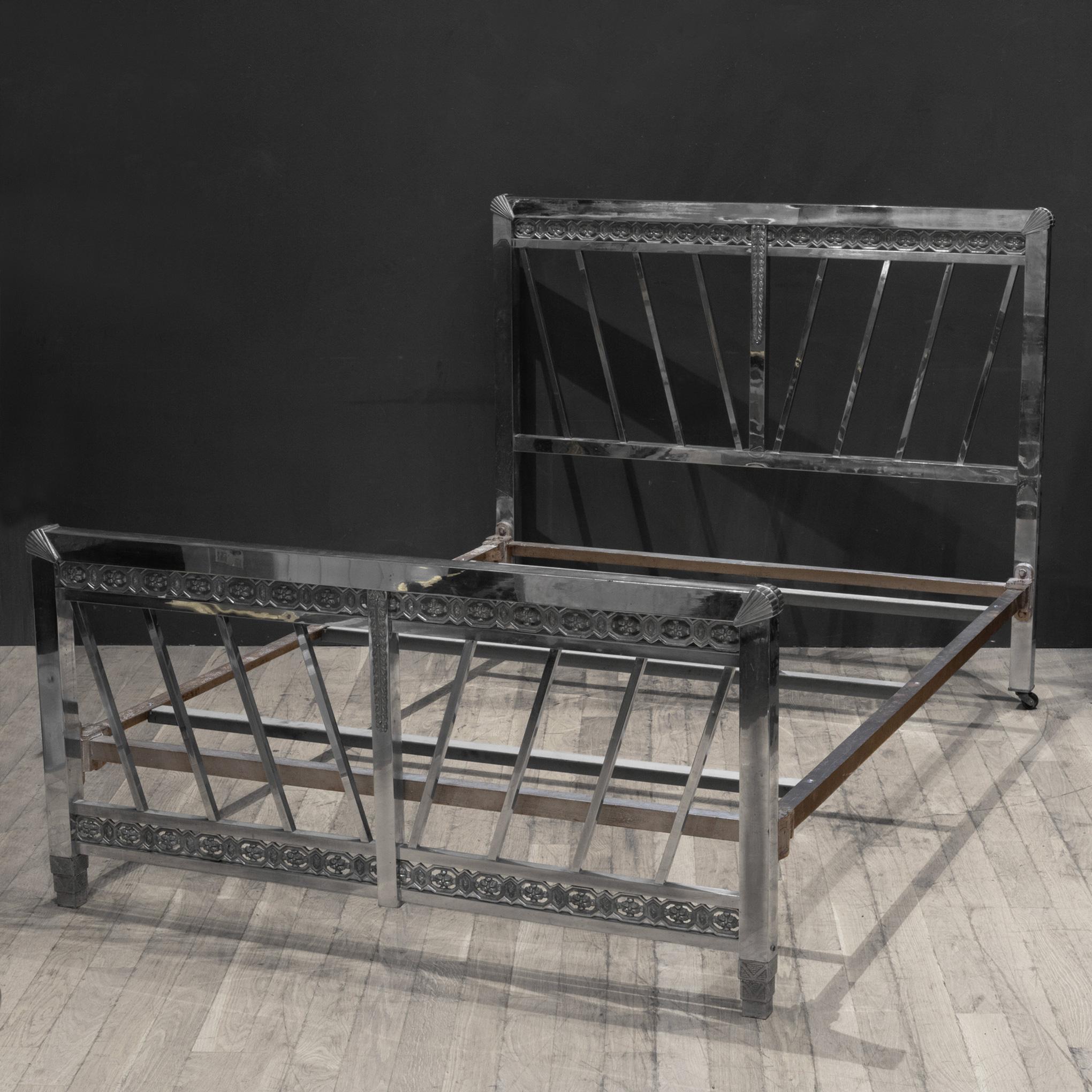 ABOUT

An original Art Deco nickel bedframe with steel support bars that fit easily into the headboard and footboard. Fits a double bed. 

    CREATOR Unknown. 
    DATE OF MANUFACTURE c.1930-1939. 
    MATERIALS AND TECHNIQUES Nickel, Steel. 
   