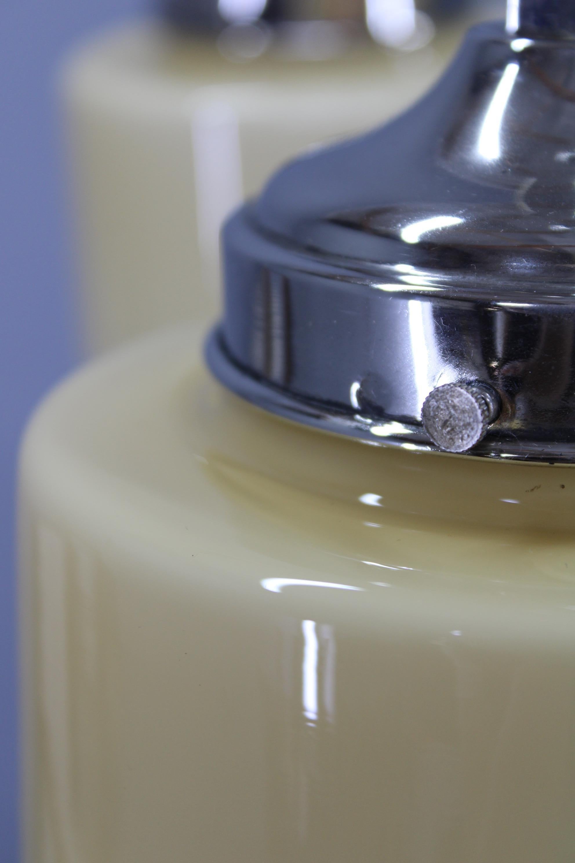 Art Deco Nickel Chandelier with Cream Glass Cylinders, Czechoslovakia, 1930s Metal en venta