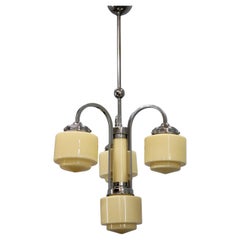 Art Deco Nickel Chandelier with Cream Glass Cylinders, Czechoslovakia, 1930s