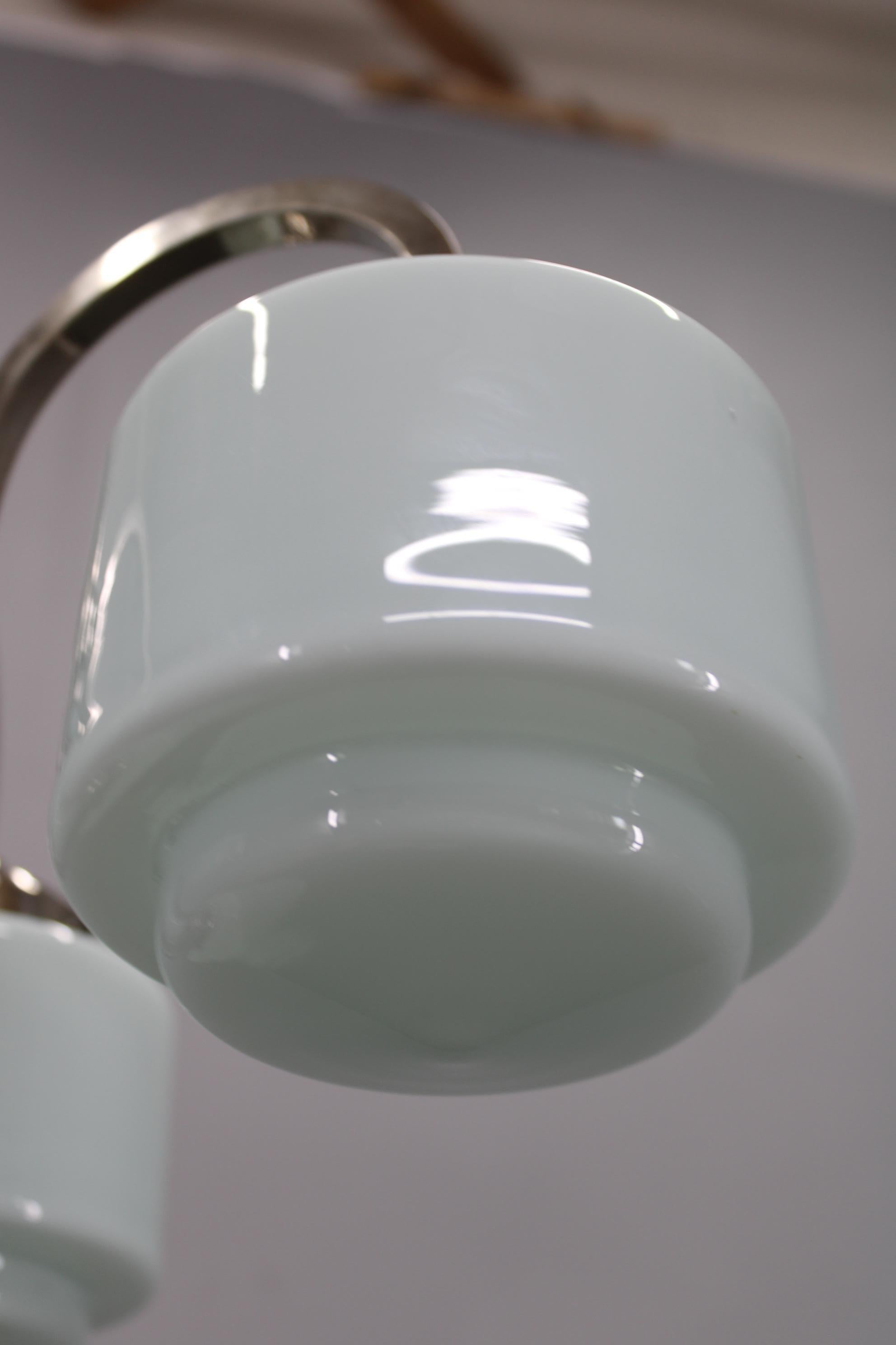 Art Deco Nickel Chandelier with Cylindrical Light Opaline Shades, Czechoslovakia im Angebot 2