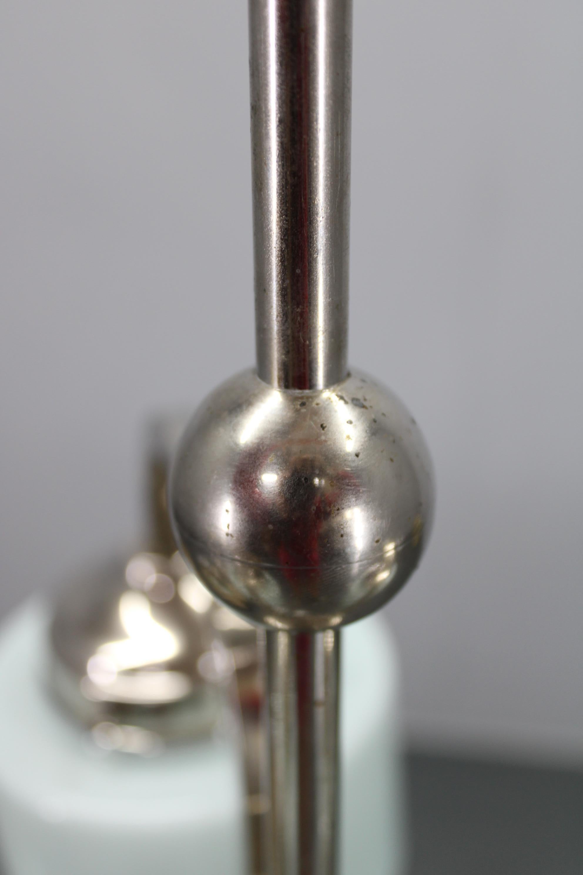 Art Deco Nickel Chandelier with Cylindrical Light Opaline Shades, Czechoslovakia im Angebot 3