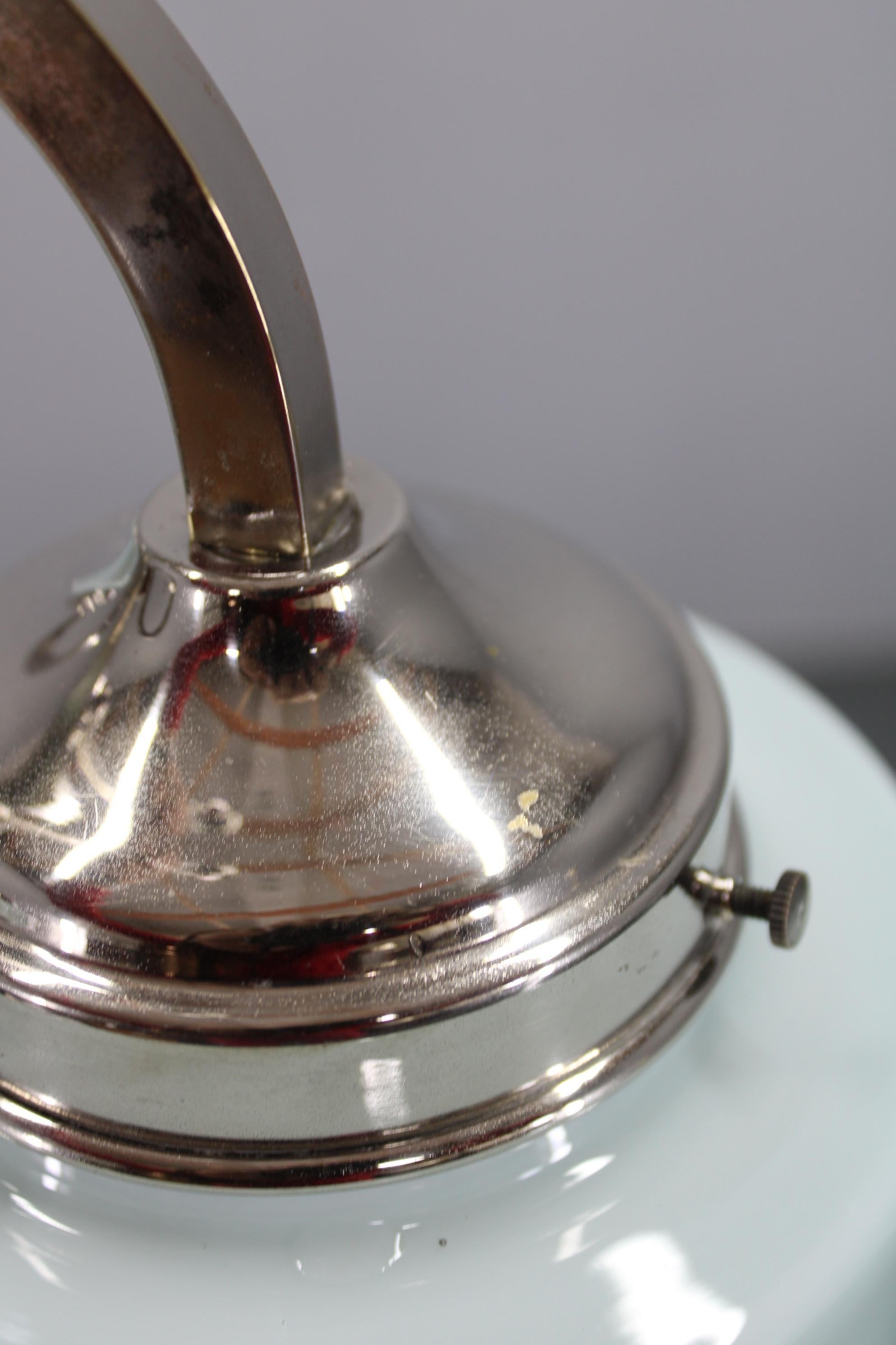 Art Deco Nickel Chandelier with Cylindrical Light Opaline Shades, Czechoslovakia im Angebot 4