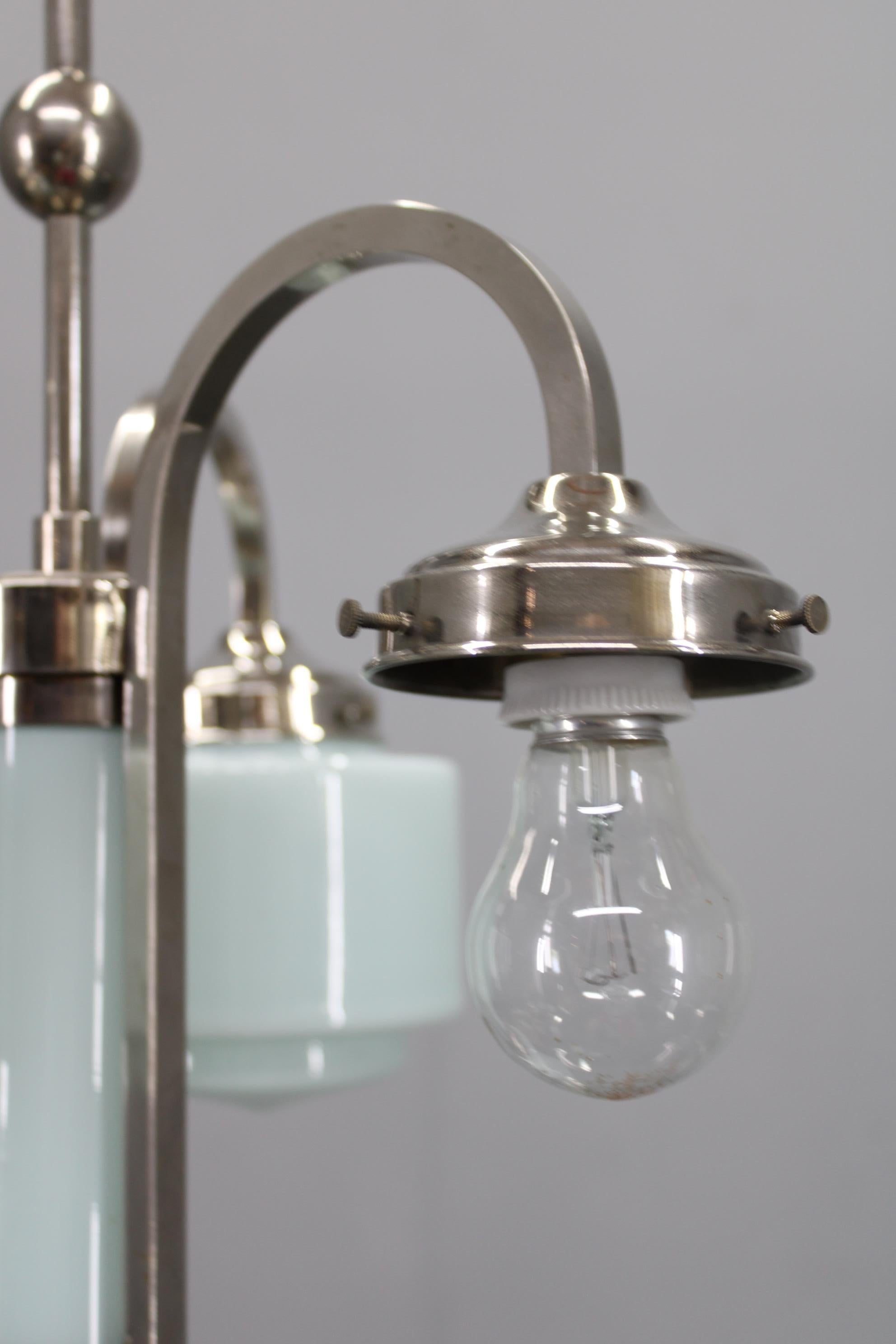 Art Deco Nickel Chandelier with Cylindrical Light Opaline Shades, Czechoslovakia im Angebot 5