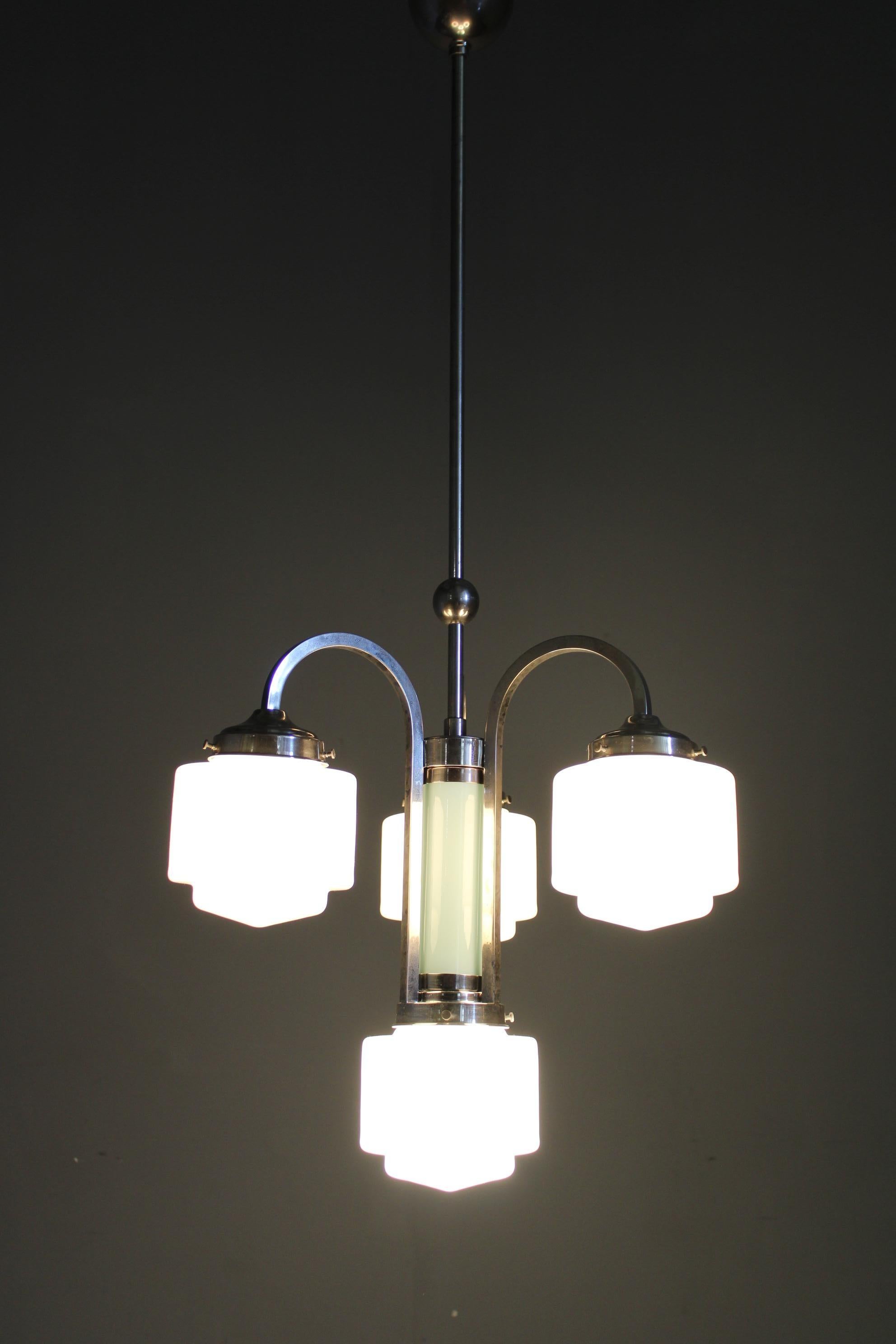 Art Deco Nickel Chandelier with Cylindrical Light Opaline Shades, Czechoslovakia im Angebot 6