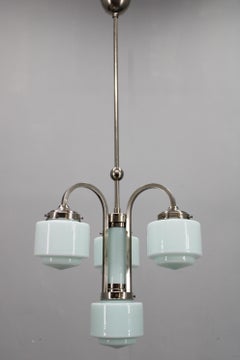 Art Deco Nickel Chandelier with Cylindrical Light Opaline Shades, Czechoslovakia