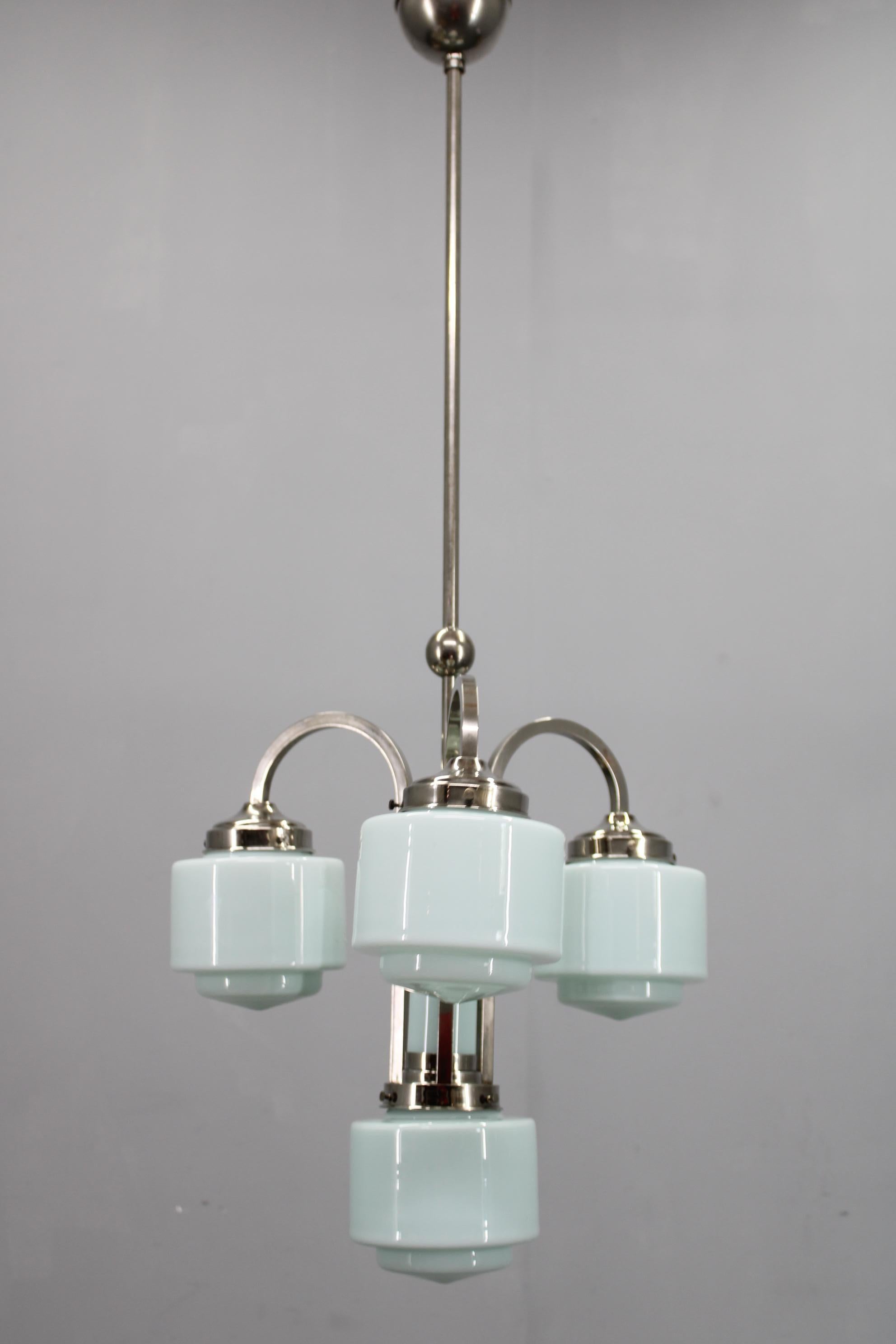 Art Deco Nickel Chandelier with Cylindrical Light Opaline Shades, Czechoslovakia (Art déco) im Angebot