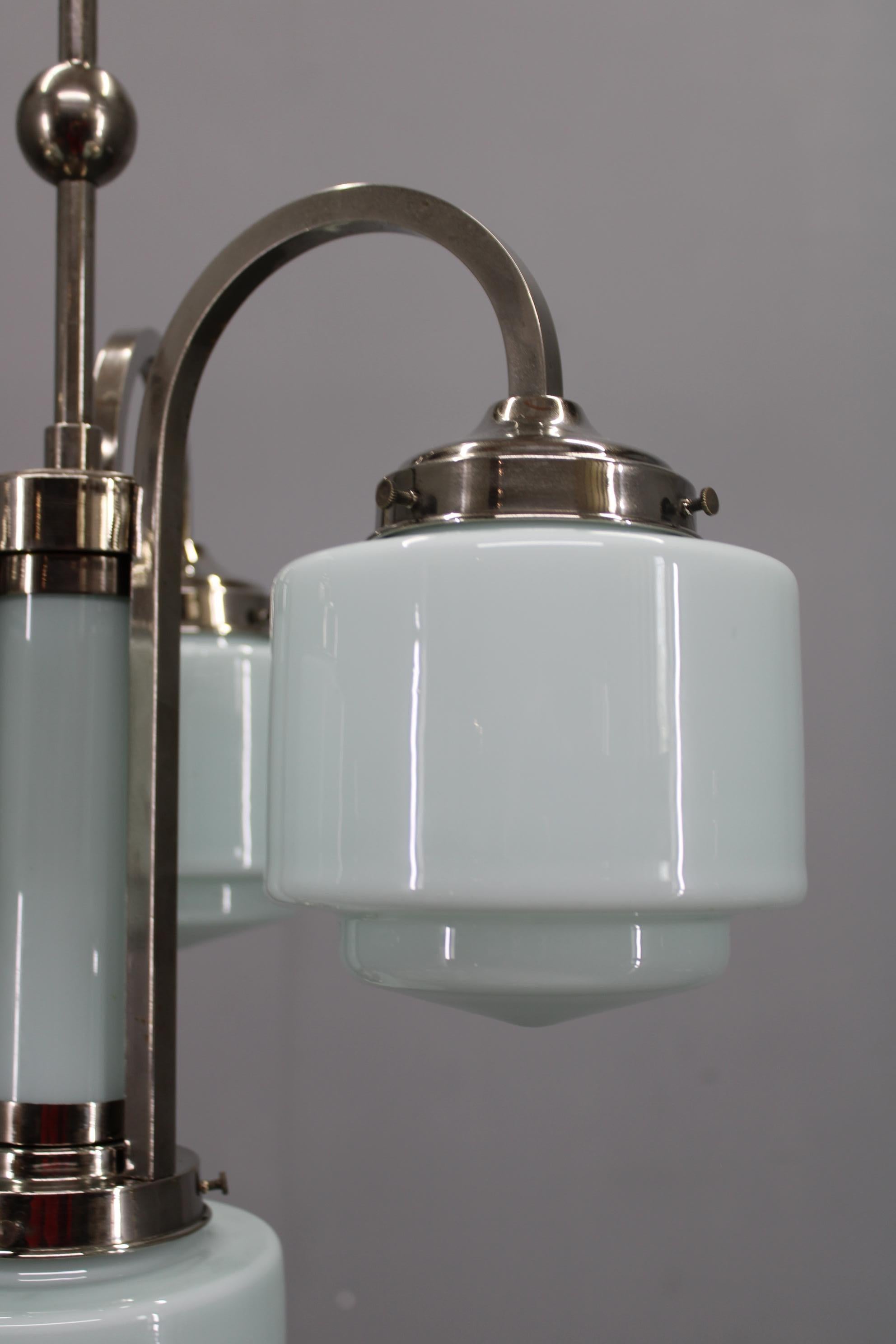 Art Deco Nickel Chandelier with Cylindrical Light Opaline Shades, Czechoslovakia (Tschechisch) im Angebot