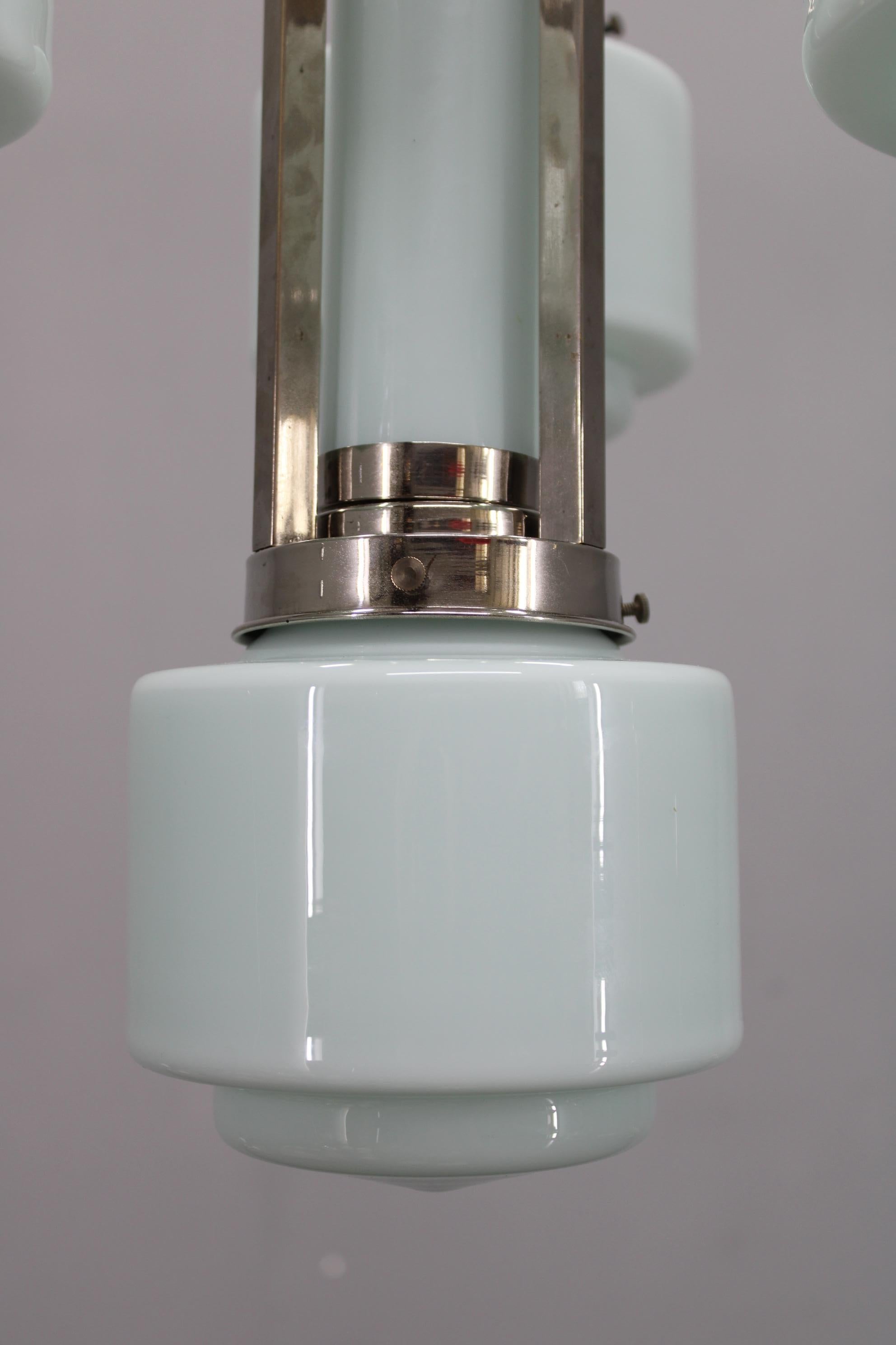 Art Deco Nickel Chandelier with Cylindrical Light Opaline Shades, Czechoslovakia (Poliert) im Angebot