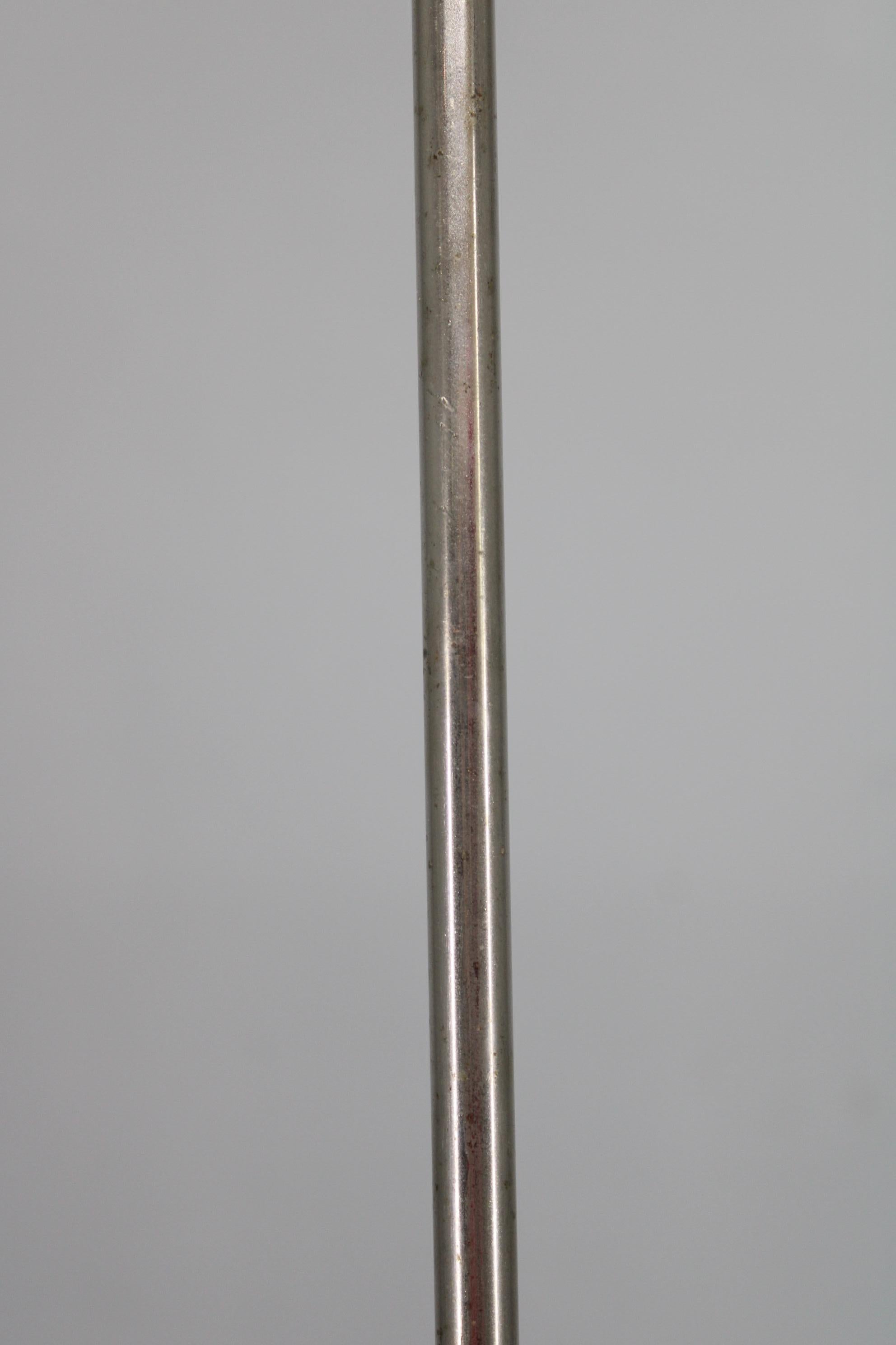 Art Deco Nickel Chandelier with Cylindrical Light Opaline Shades, Czechoslovakia (Mitte des 20. Jahrhunderts) im Angebot