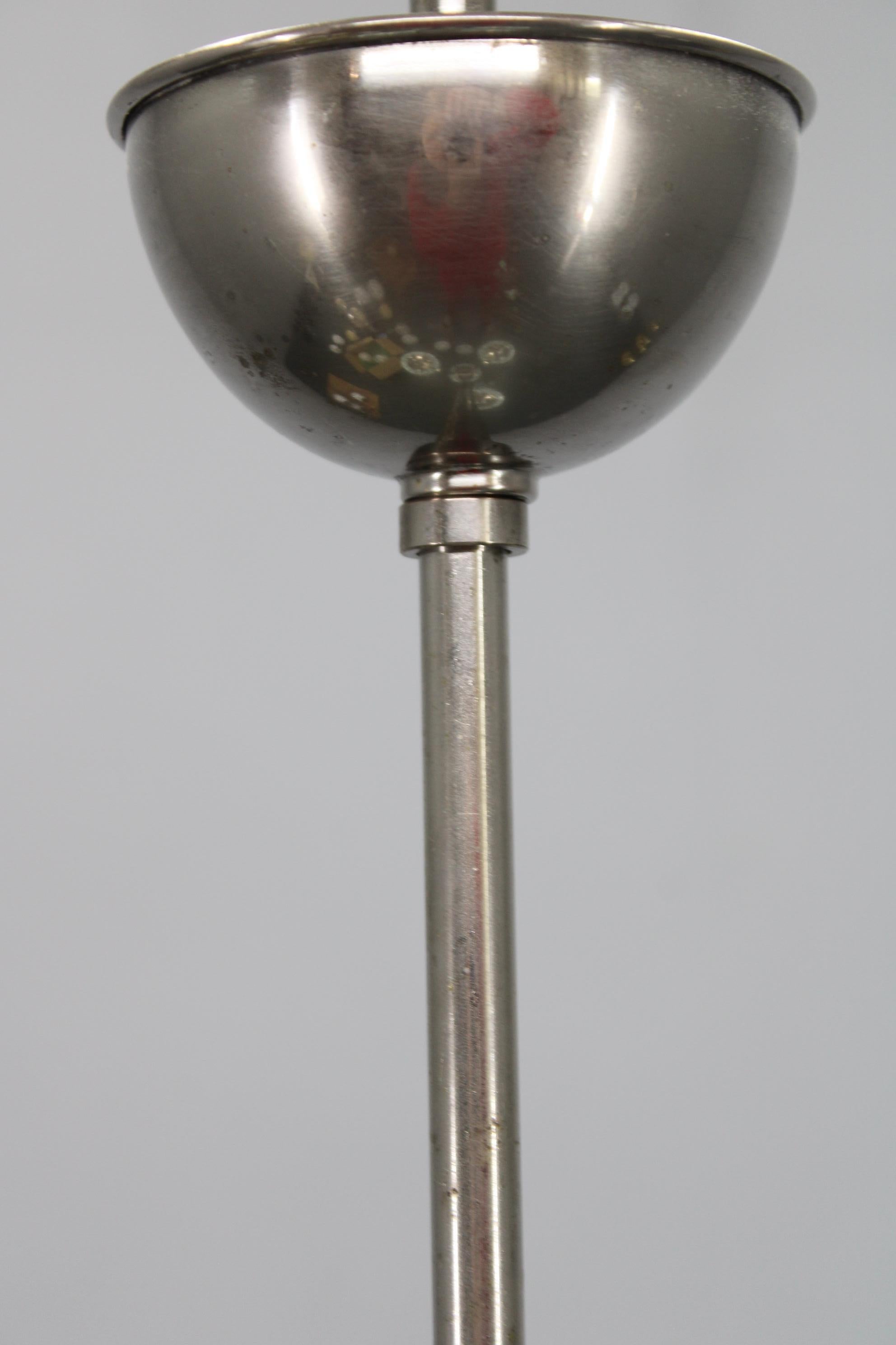 Art Deco Nickel Chandelier with Cylindrical Light Opaline Shades, Czechoslovakia (Metall) im Angebot