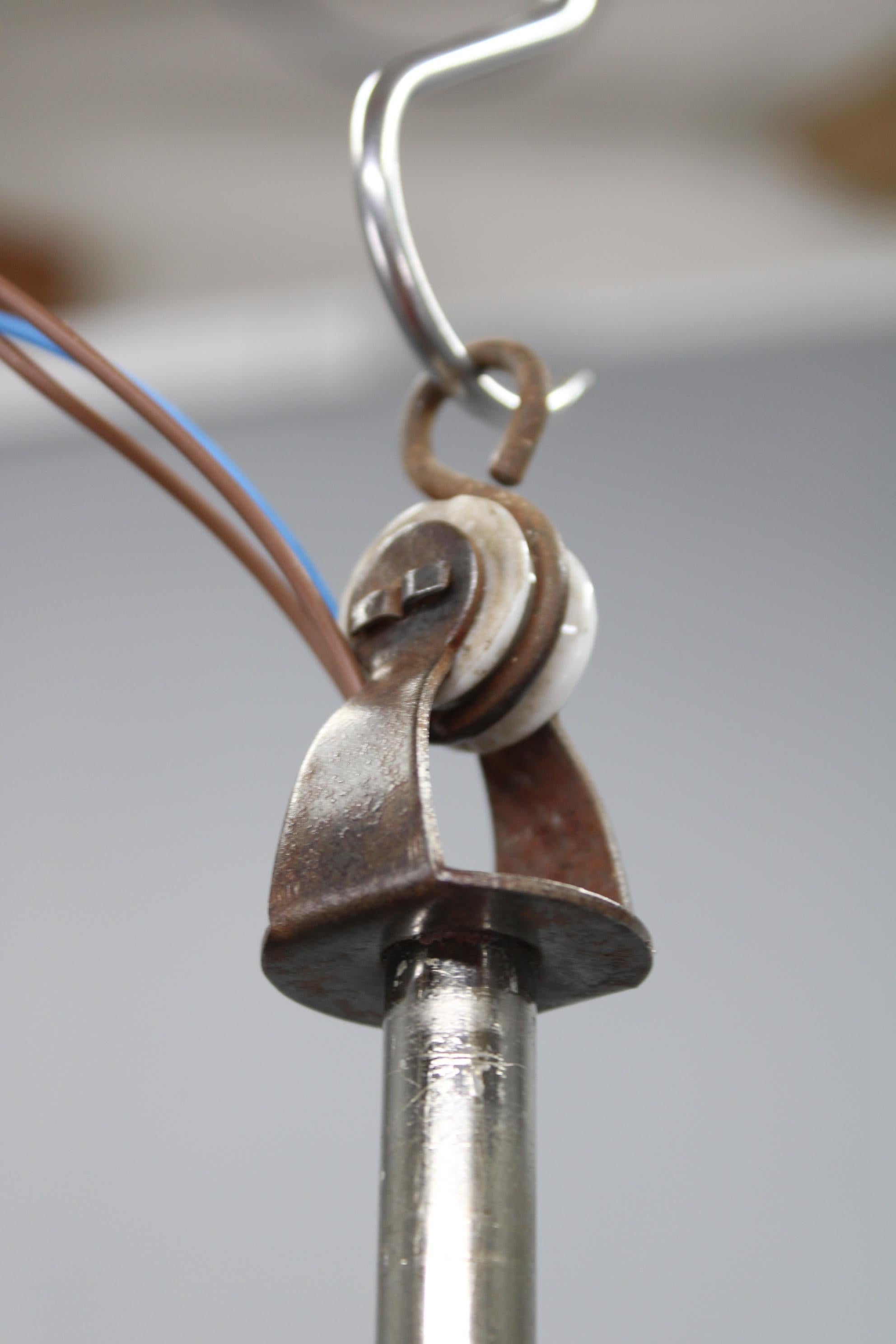 Art Deco Nickel Chandelier with Cylindrical Light Opaline Shades, Czechoslovakia im Angebot 1