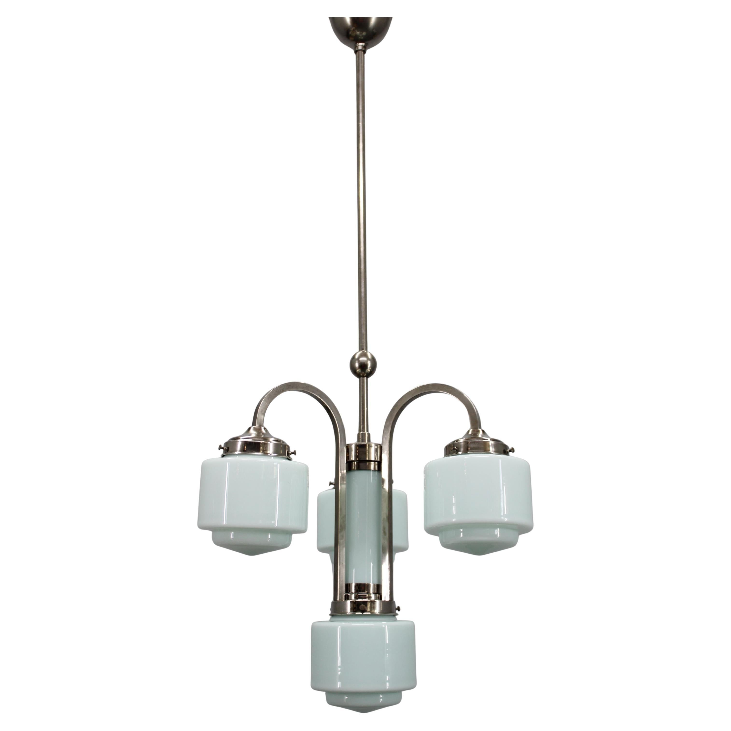 Art Deco Nickel Chandelier with Cylindrical Light Opaline Shades, Czechoslovakia