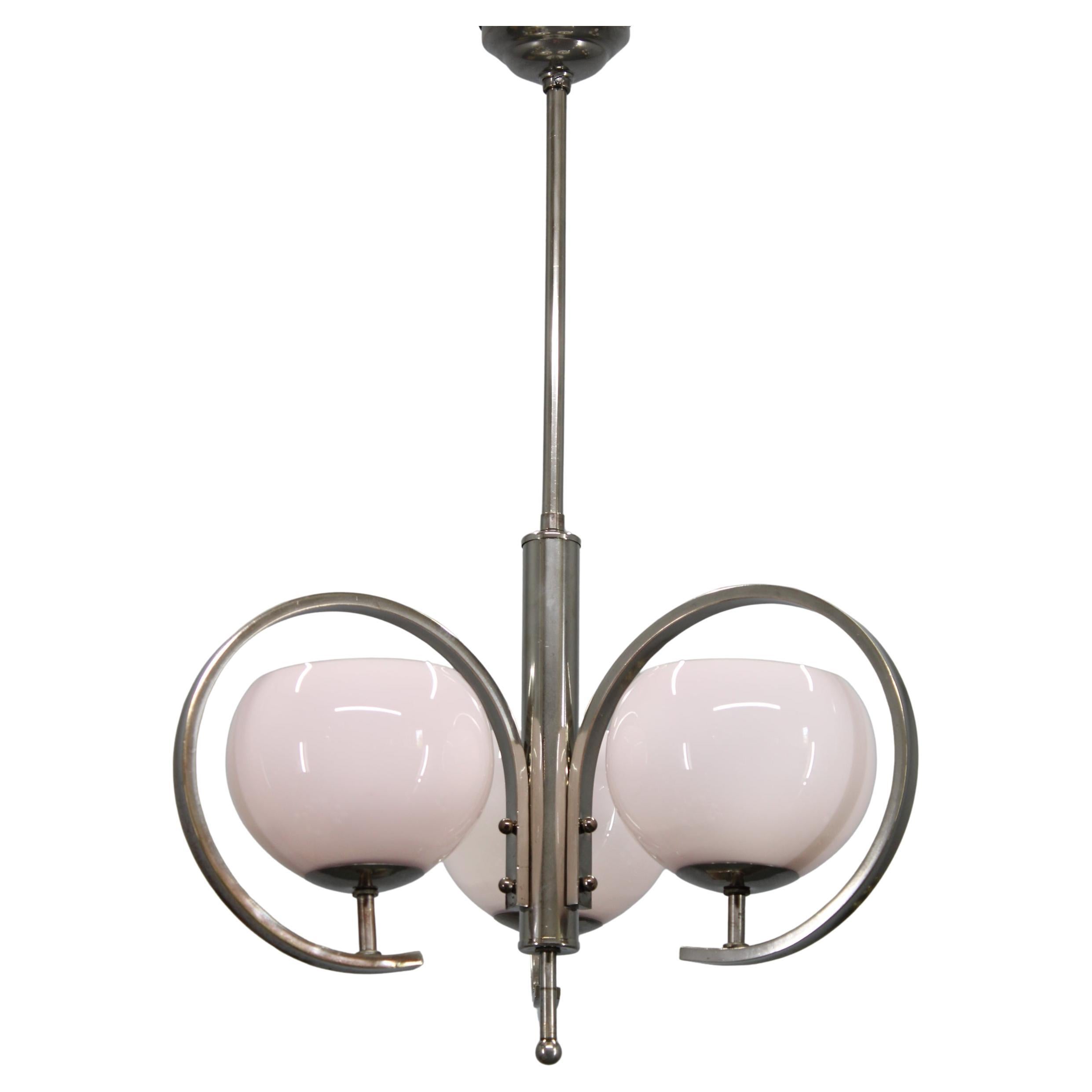 Art Deco Nickel Chandelier with Light-Pink Opaline Shades, Czechoslovakia, 1930s