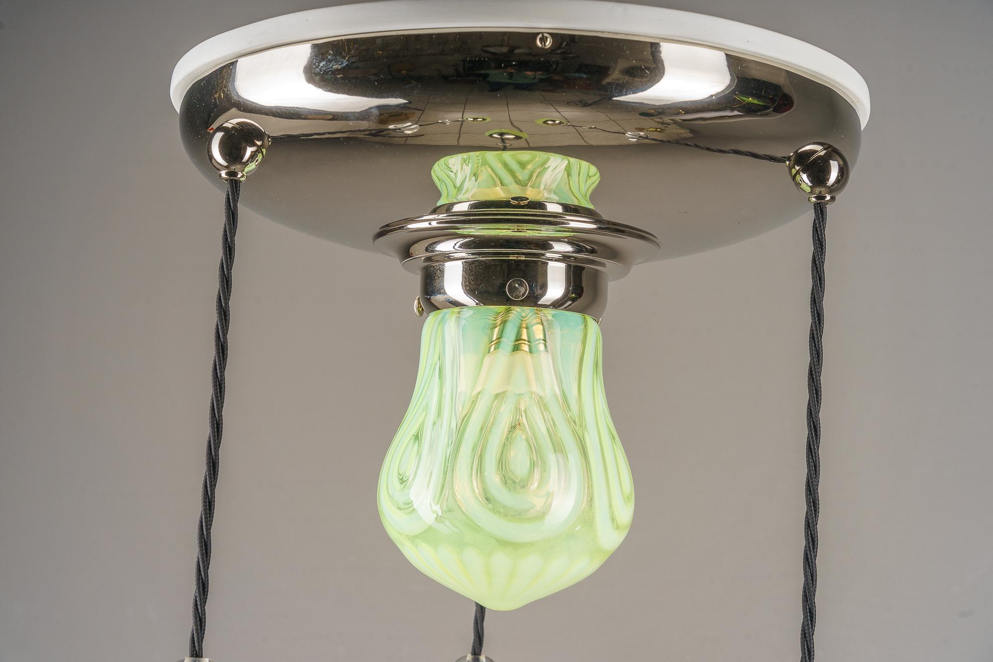 Painted Art Deco nickel Chandelier with original opaline glass shades vienna 1920s For Sale