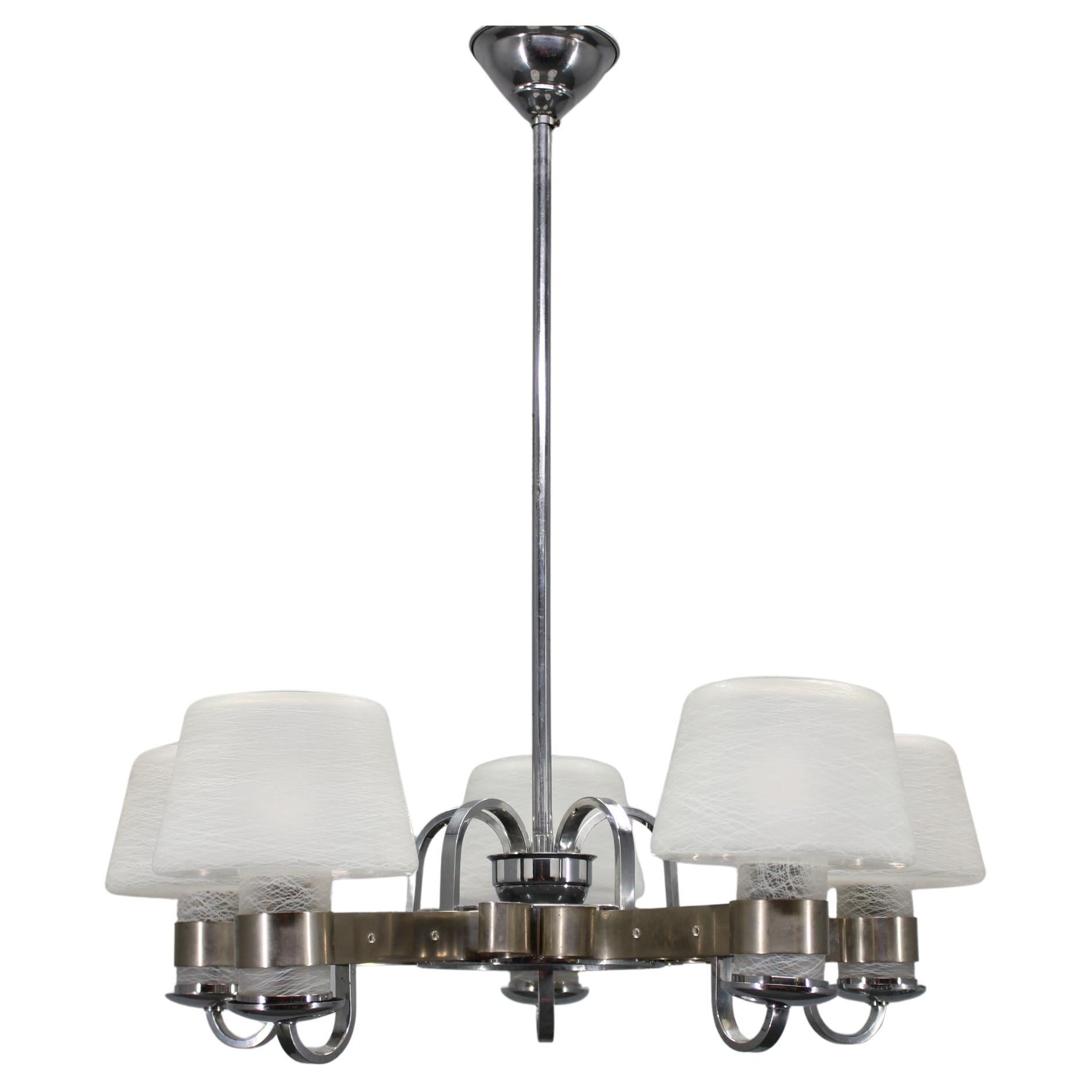 Art Deco Nickel Chandelier with Textured Glass, Czechoslovakia, 1930s For Sale