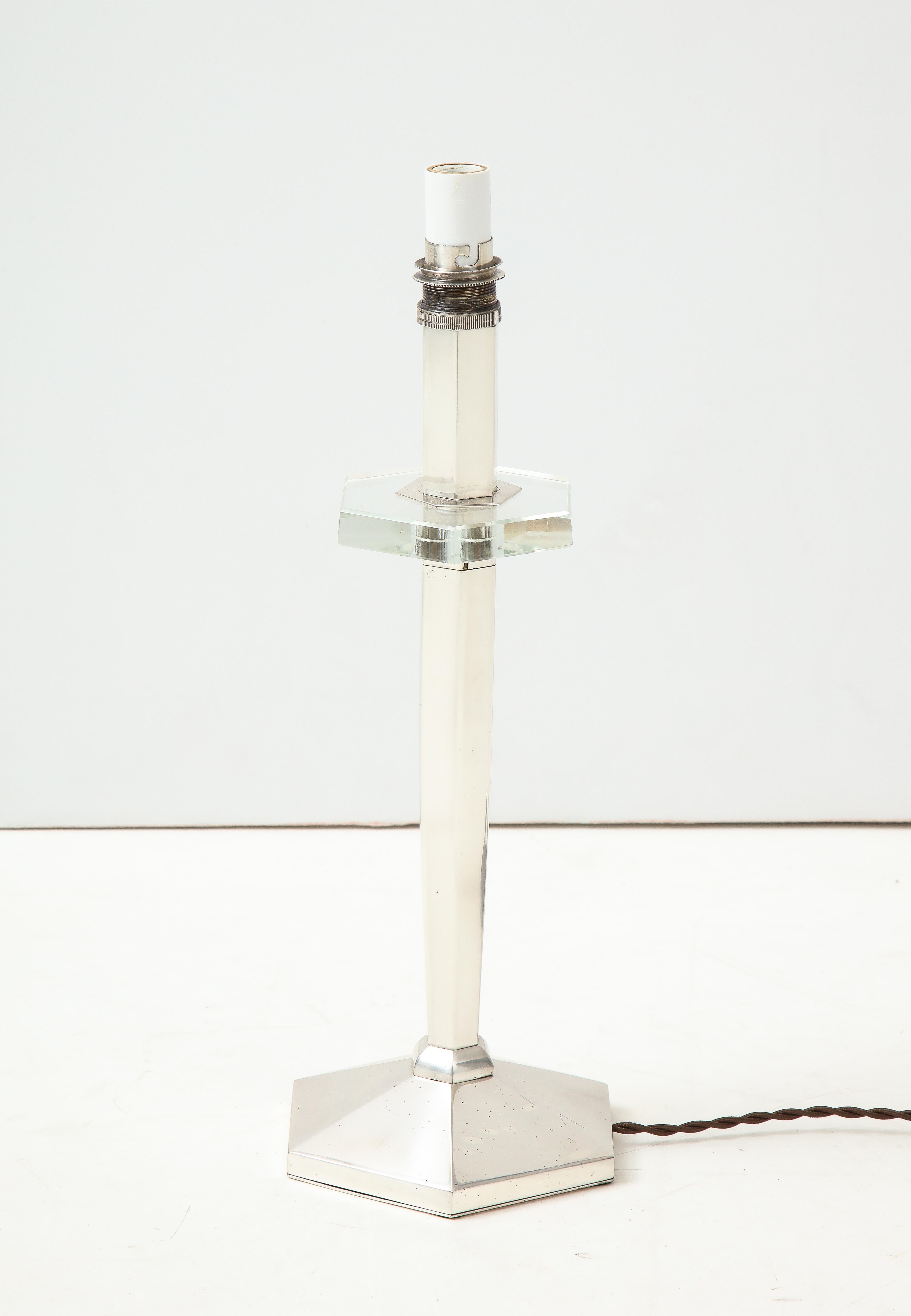 Art Deco nickel and crystal candlestick table lamp, France, circa 1935.