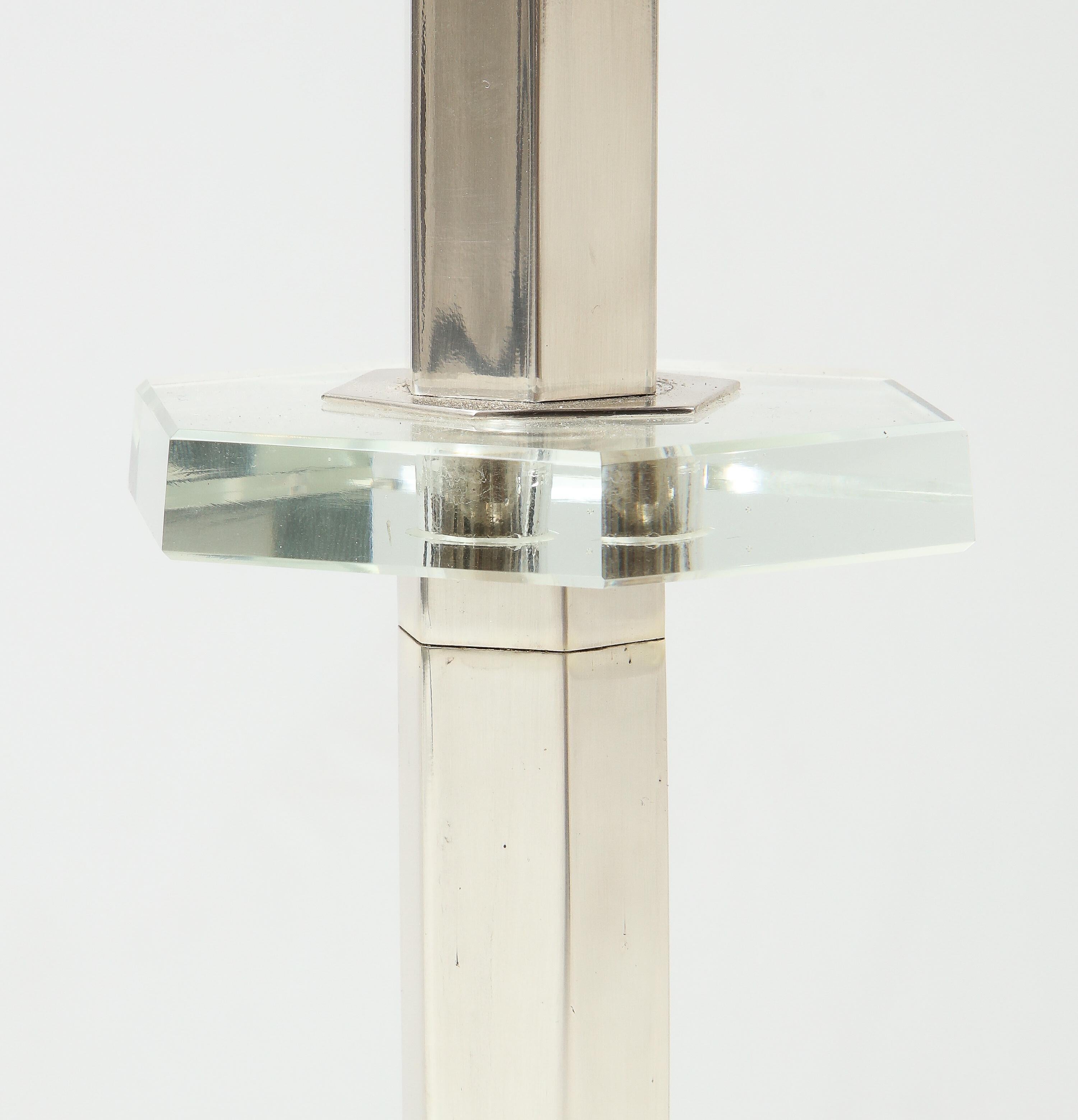 French Art Deco Nickel and Crystal Candlestick Table Lamp, France, circa 1935