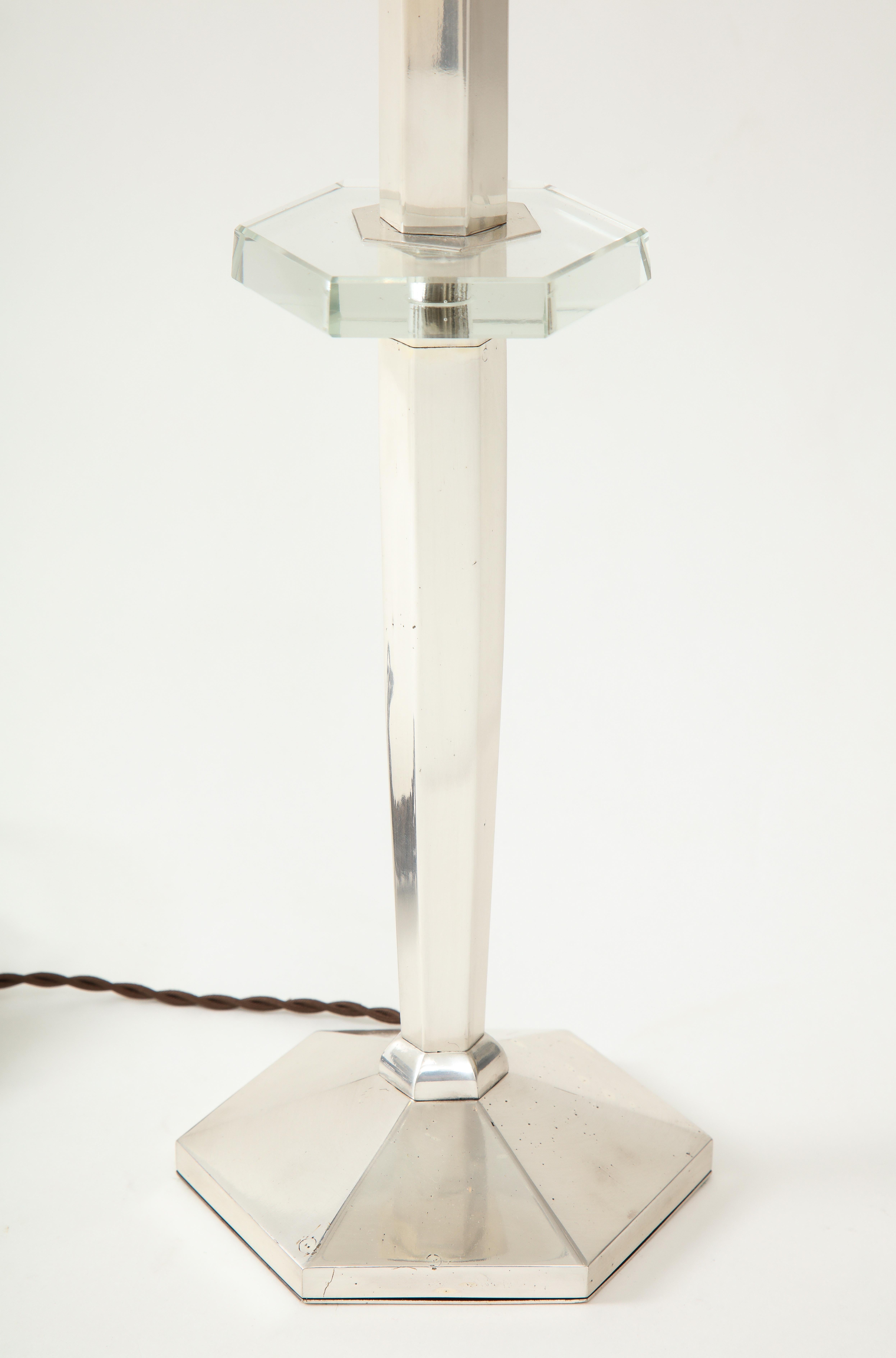 Art Deco Nickel and Crystal Candlestick Table Lamp, France, circa 1935 2