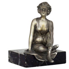 Art Deco Nickel Plate Smoking Flapper on Marble Base