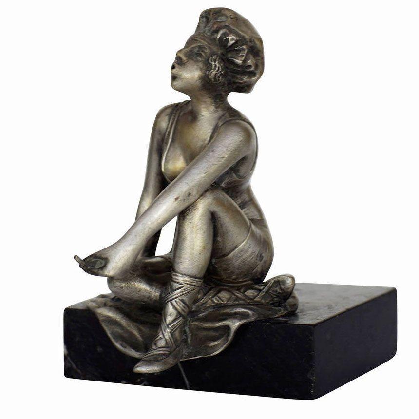 Art Deco Nickel Plate Smoking Flapper on Marble Base In Excellent Condition For Sale In Van Nuys, CA