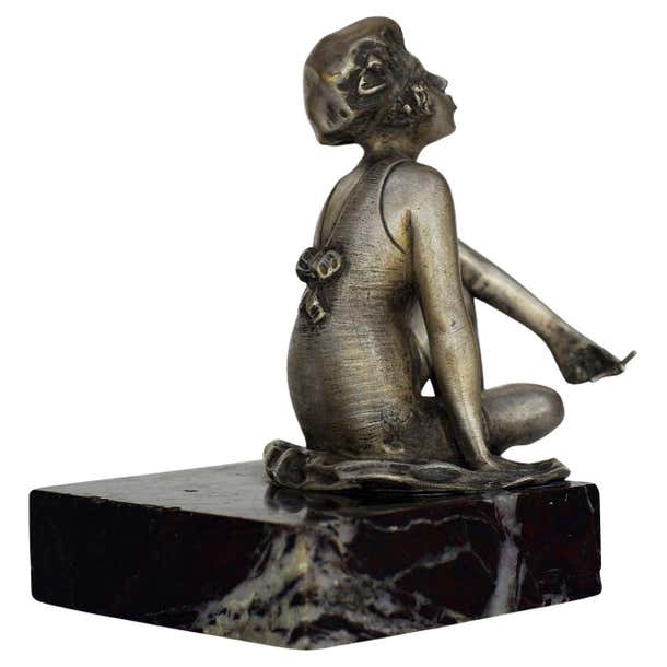 Art Deco Nickel Plate Smoking Flapper on Marble Base For Sale at 1stDibs