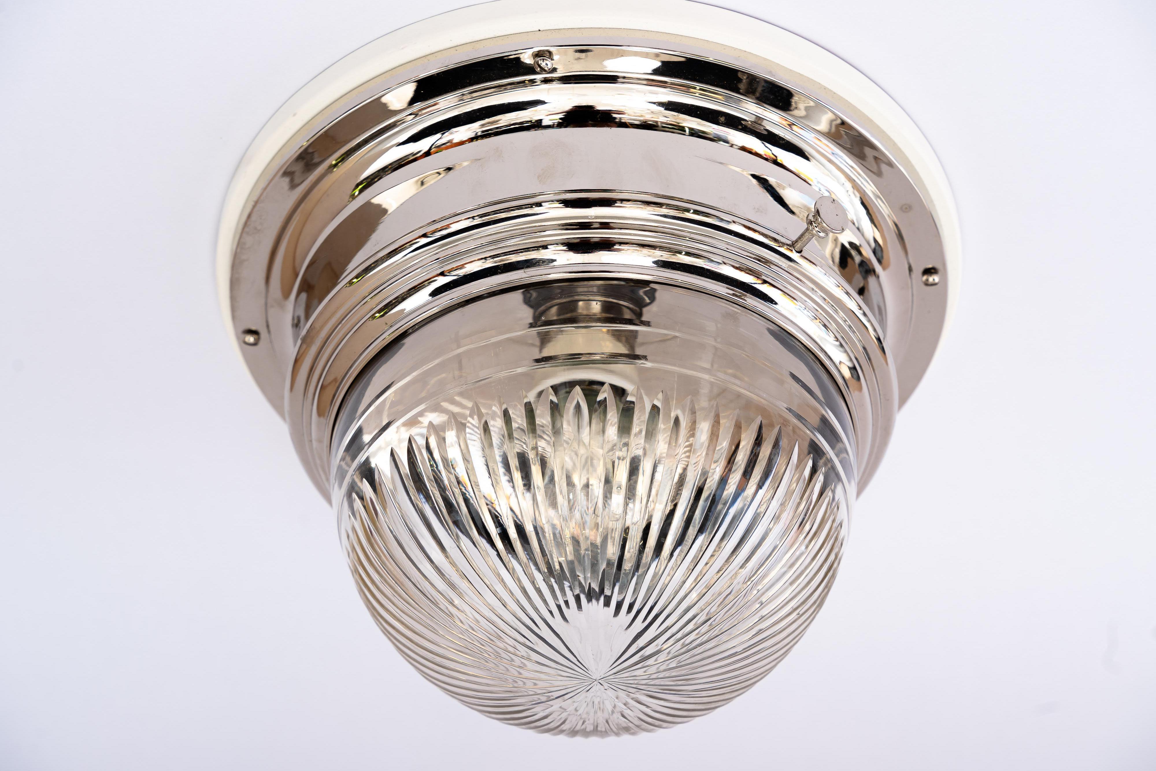 Painted Art Deco nickel plated ceiling lamp with cut glass shade around 1920s For Sale