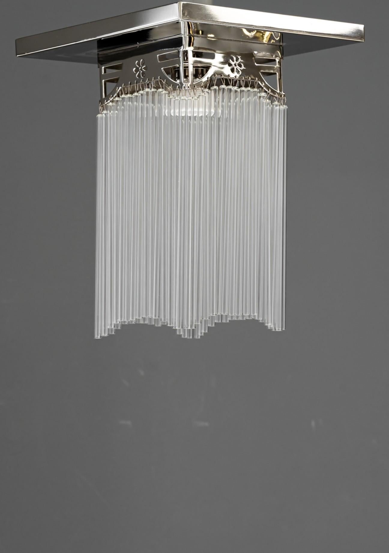 Austrian Art Deco Nickel, Plated Ceiling Lamp with Glass Sticks, Around 1920s