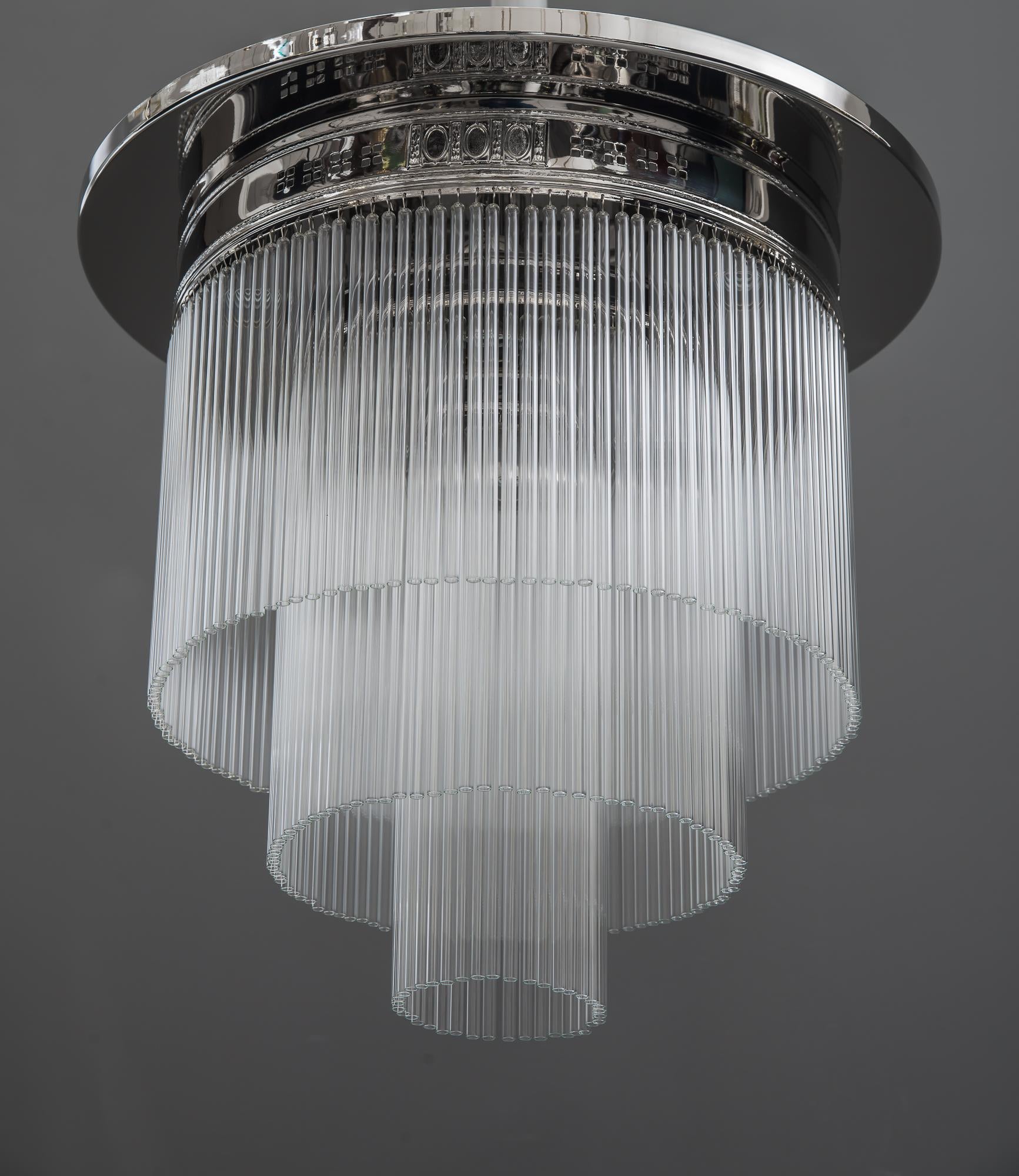 Early 20th Century Art Deco Nickel-Plated Ceiling Lamp with Glass Sticks, circa 1920s