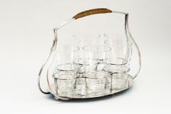 Art Deco Nickel Plated Glass Serving Plate with Wicker Handle around 1920s