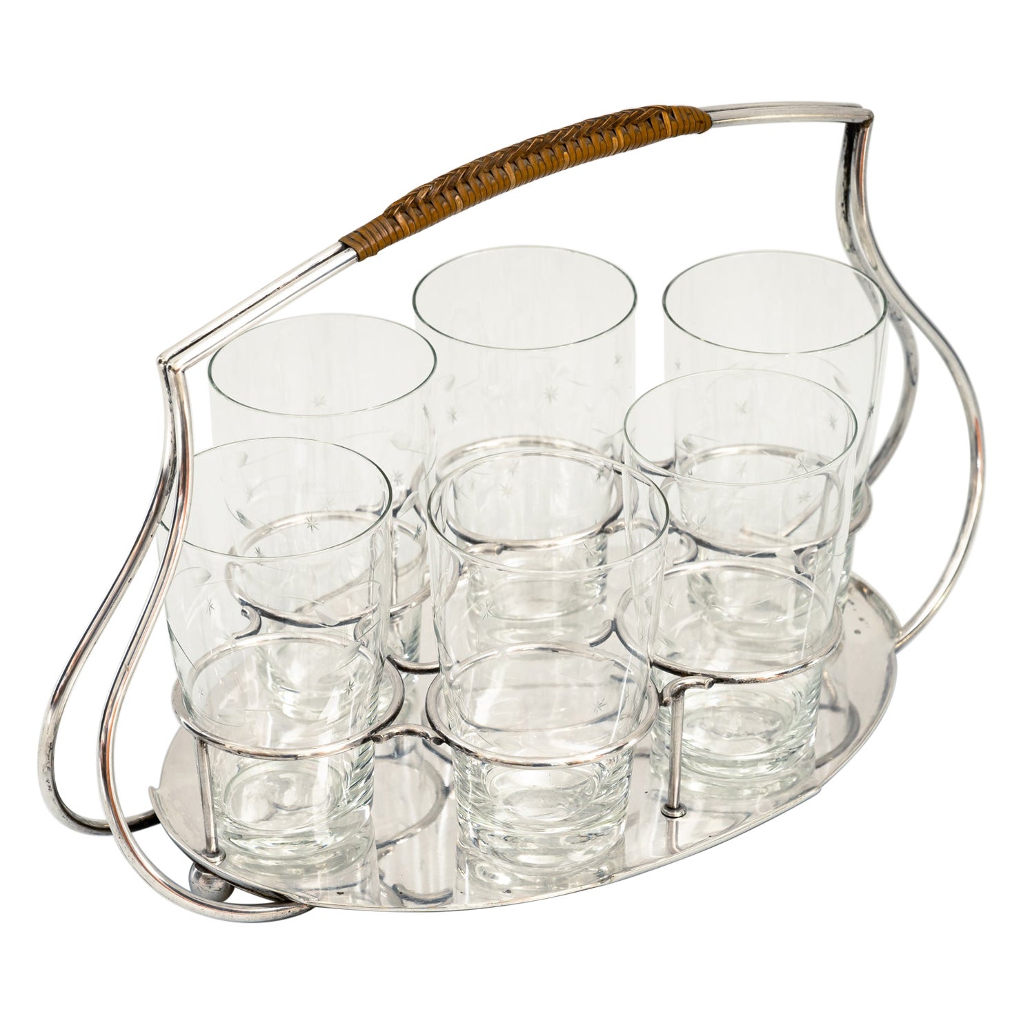 Art-Déco-Servierteller aus vernickeltem Glas mit Korbweidegriff, um 1920